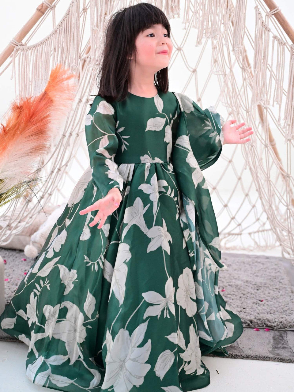 Sale JANYAS CLOSET Bottle Green Anarkali Gown with Belt and Dupatta for Girls