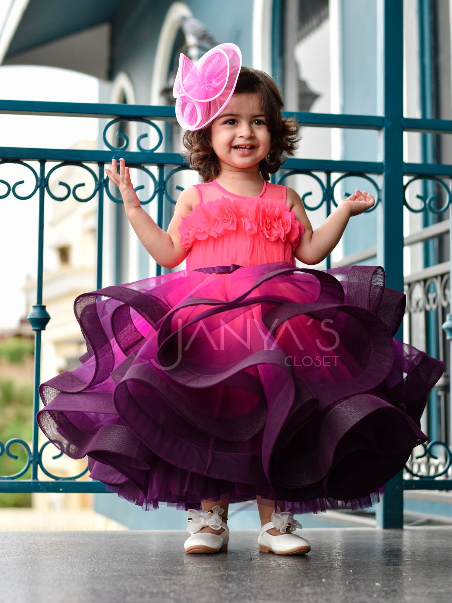 Sample Neon Pink Purple Princess Shaded Gown With Hair Pin