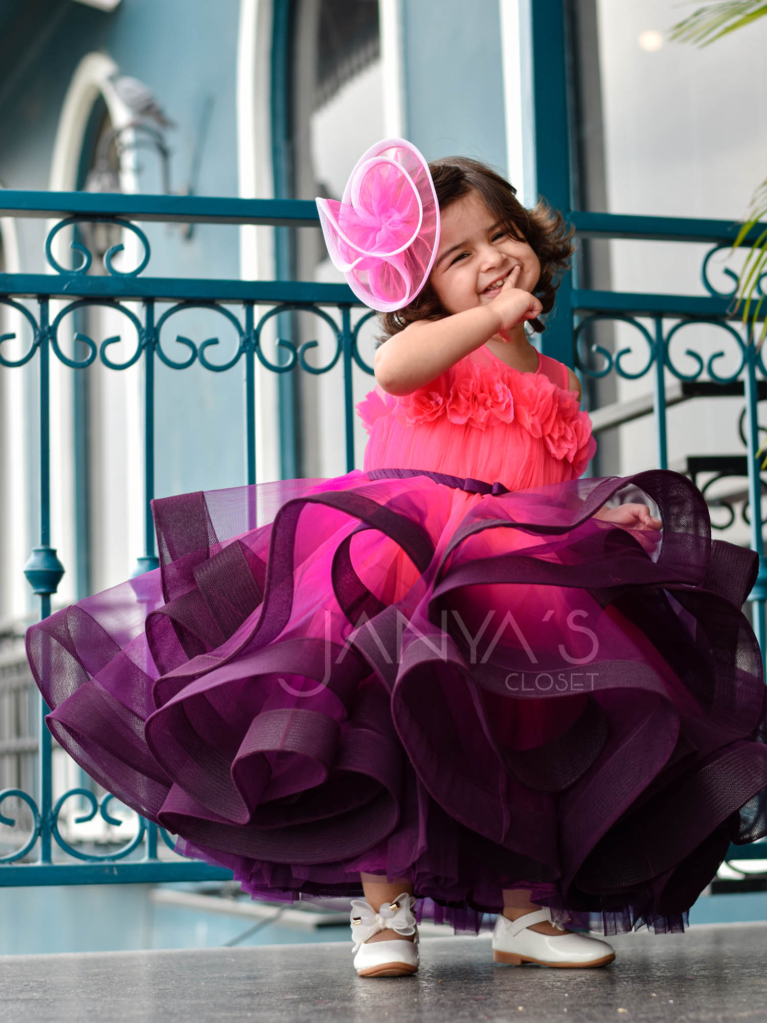 Sample Neon Pink Purple Princess Shaded Gown With Hair Pin