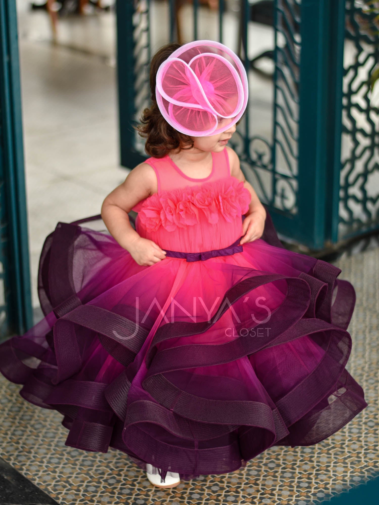 Sample Neon Pink Purple Princess Shaded Gown With Hair Pin