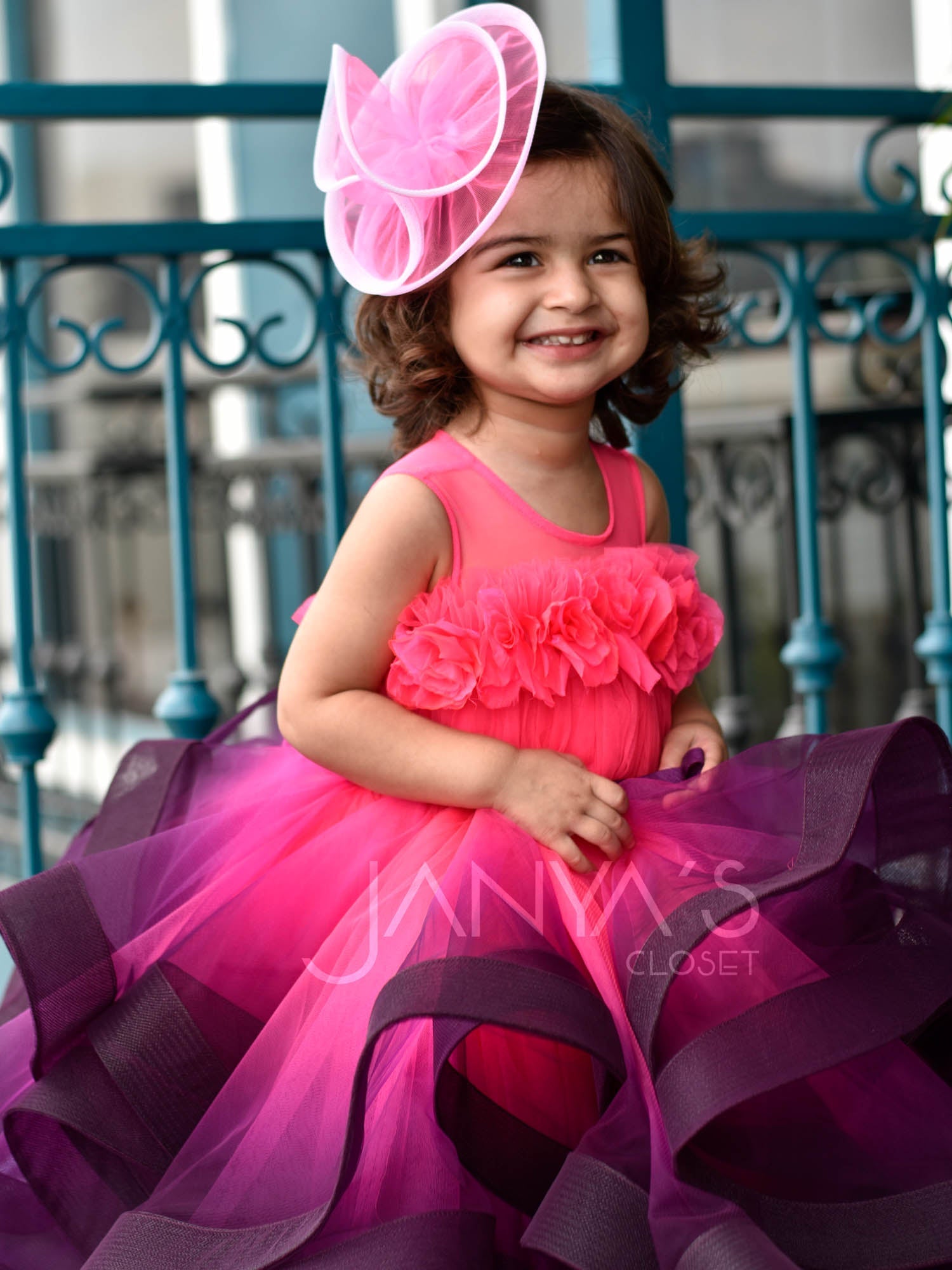 Sample Neon Pink Purple Princess Shaded Gown With Hair Pin