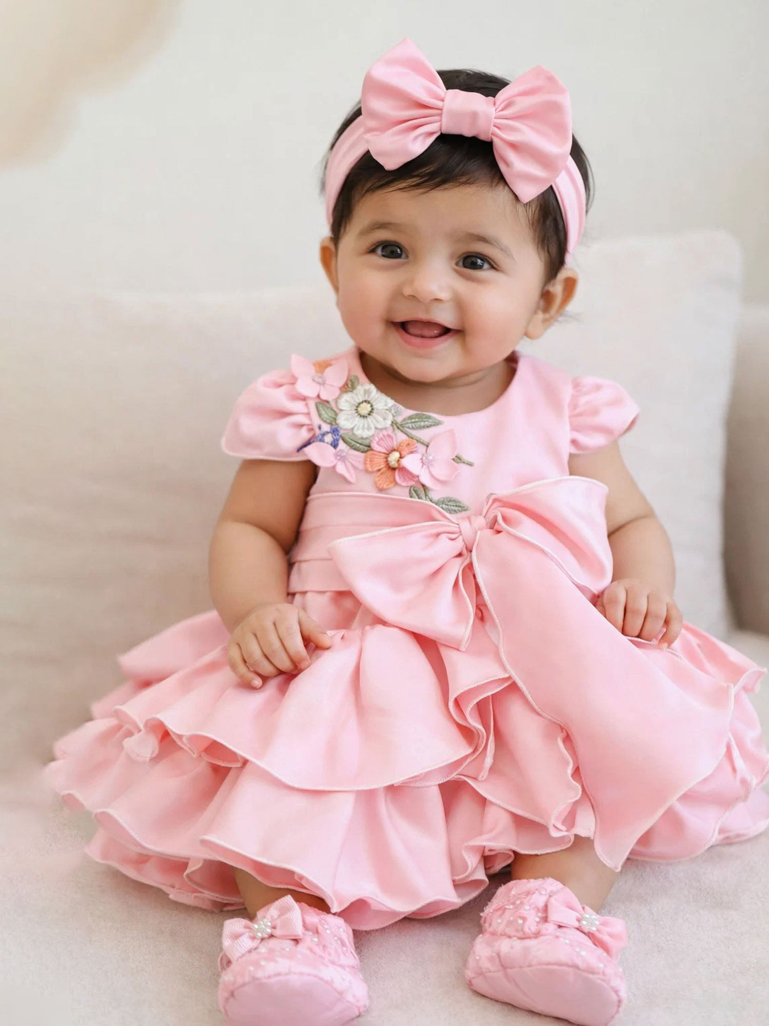 Janyas Closet Pink Satin Ruffle Party Dress with Bow for New Borns