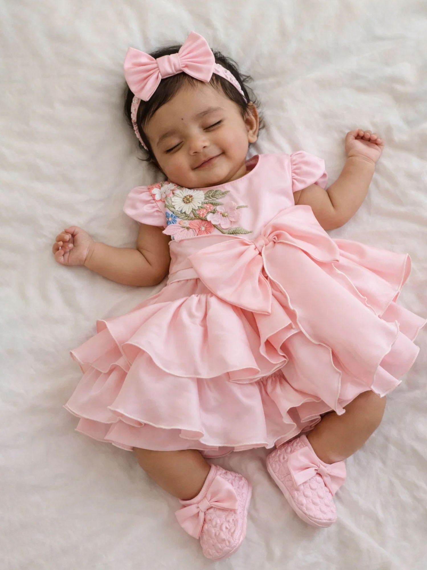 Janyas Closet Pink Satin Ruffle Party Dress with Bow for New Borns