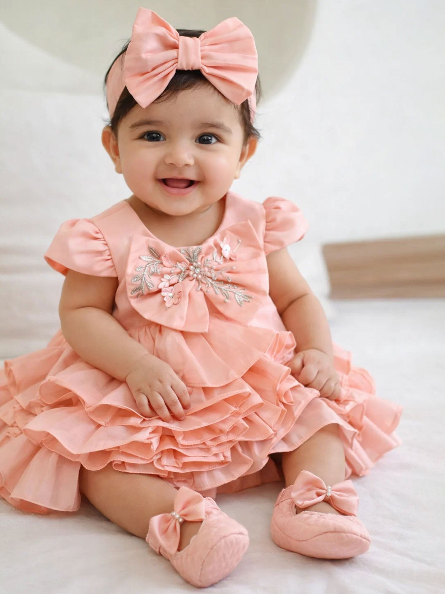 JANYAS CLOSET New Born Peach Taffeta Ruffle Dress with Bow