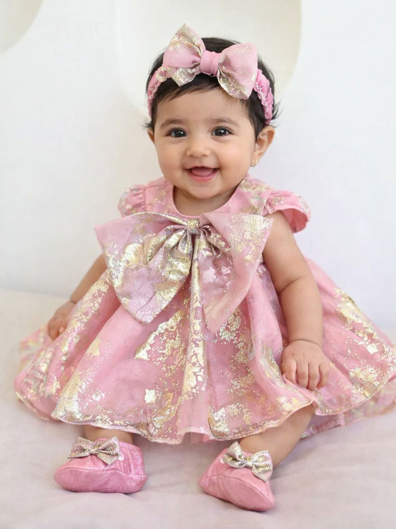 JANYAS CLOSET New Born Pink Foil Organza Bow Dress