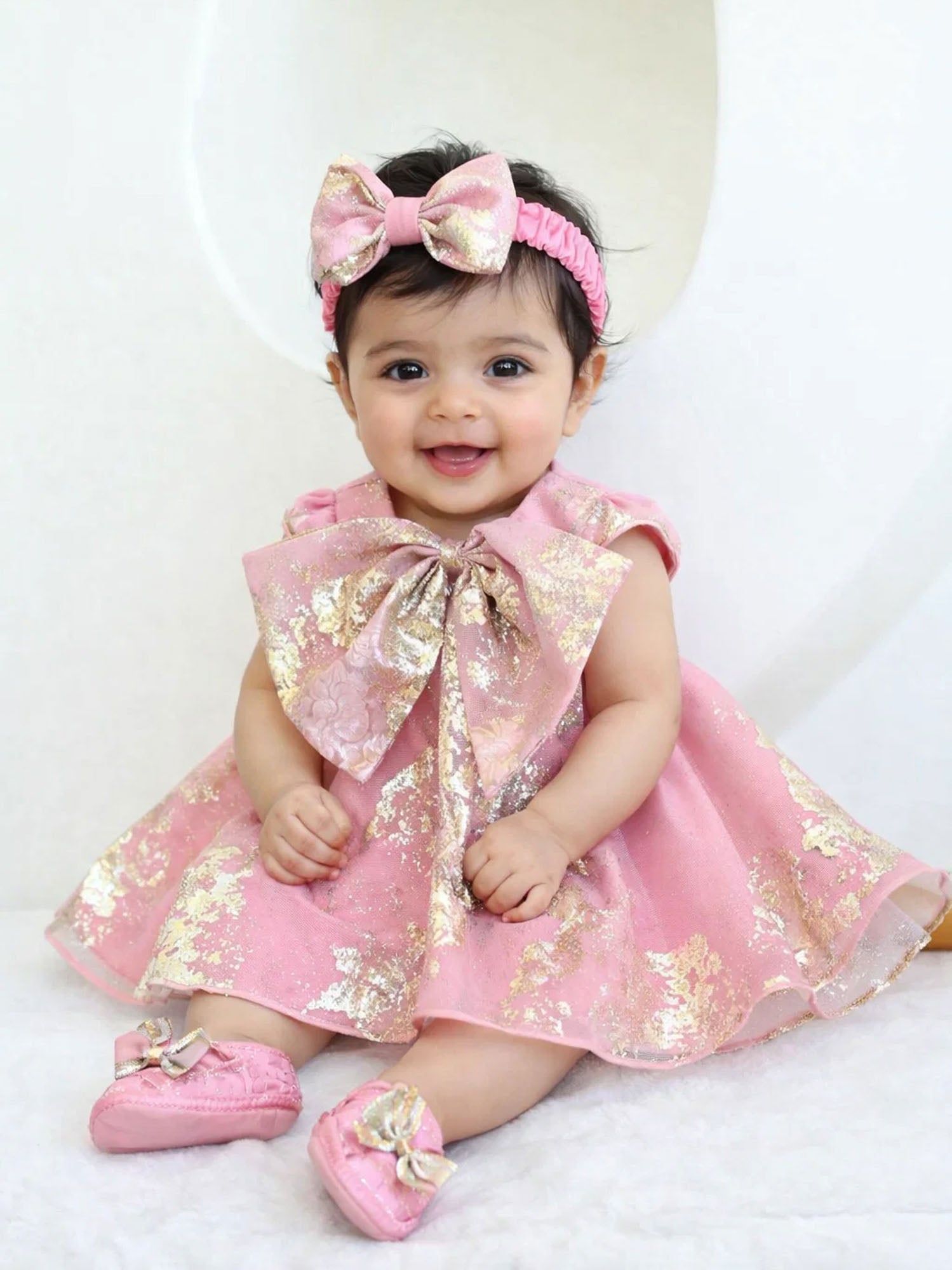 JANYAS CLOSET New Born Pink Foil Organza Bow Dress