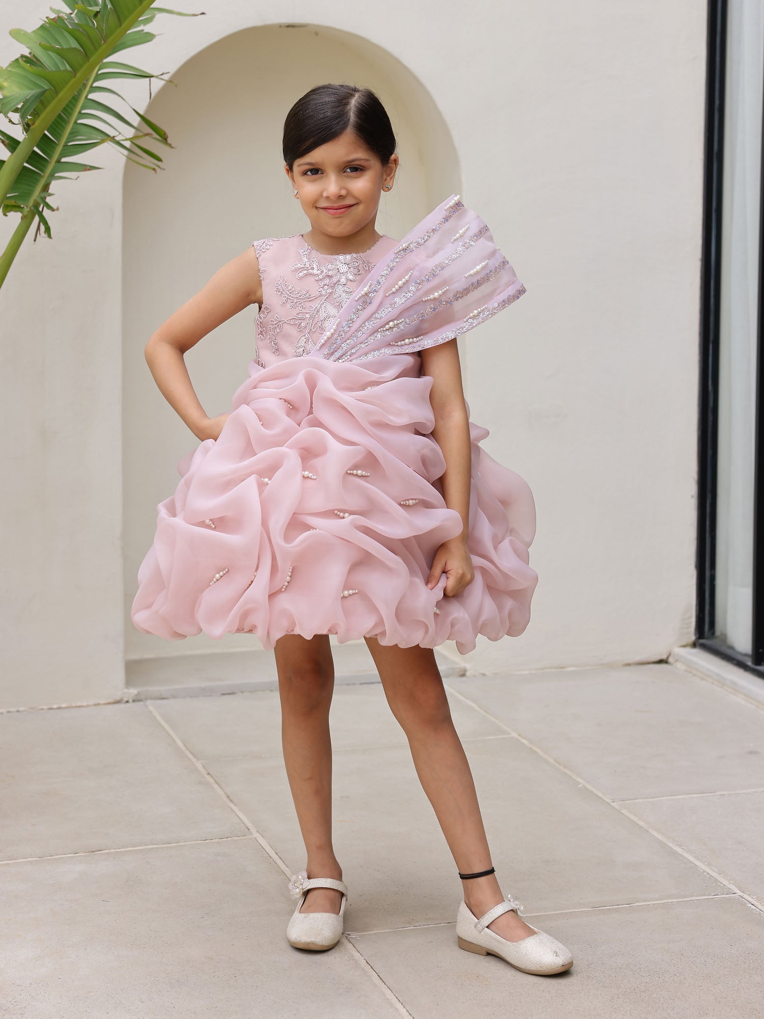 JANYAS CLOSET Krista Pearl Drape Mauve Pink Dress