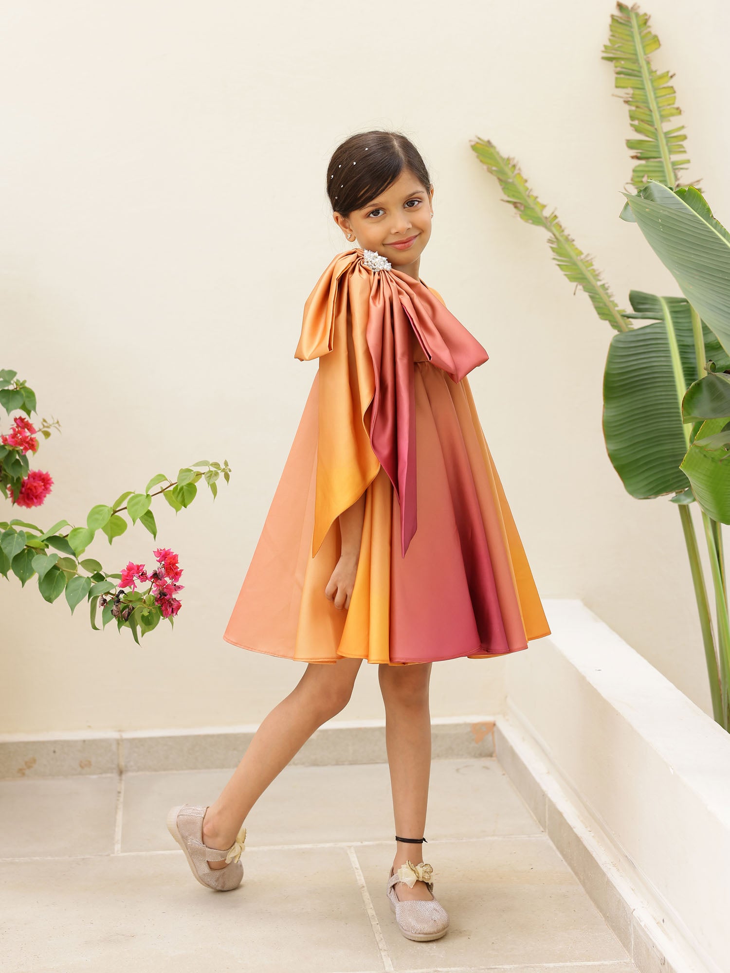 JANYAS CLSOET Ombre Rust Satin Dress with Shoulder Bow