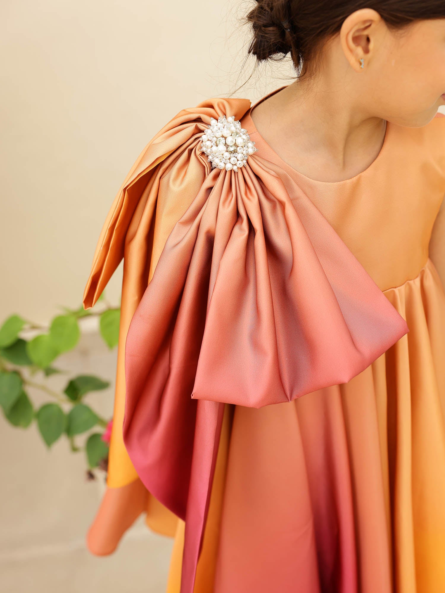 JANYAS CLSOET Ombre Rust Satin Dress with Shoulder Bow