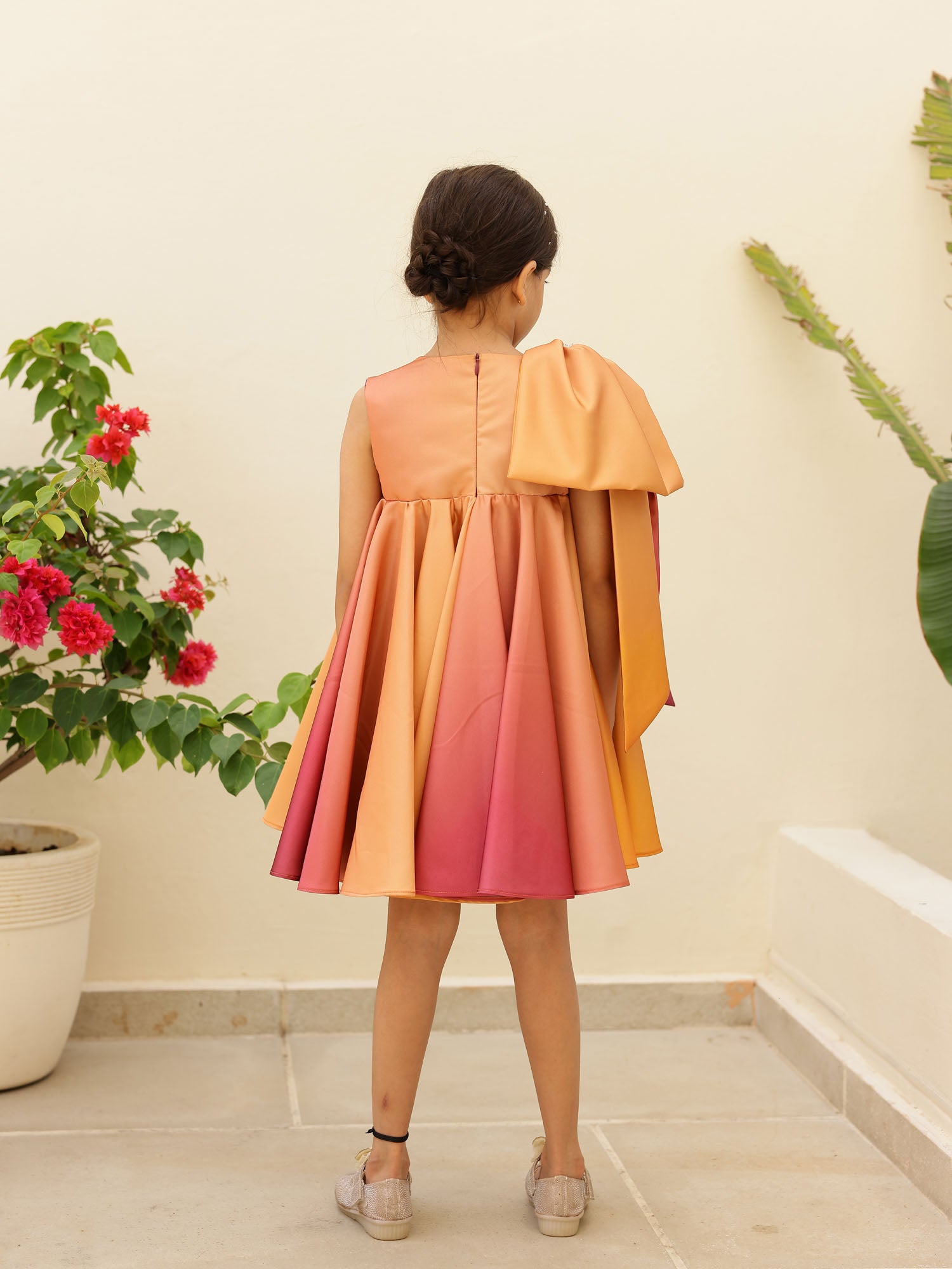 JANYAS CLSOET Ombre Rust Satin Dress with Shoulder Bow