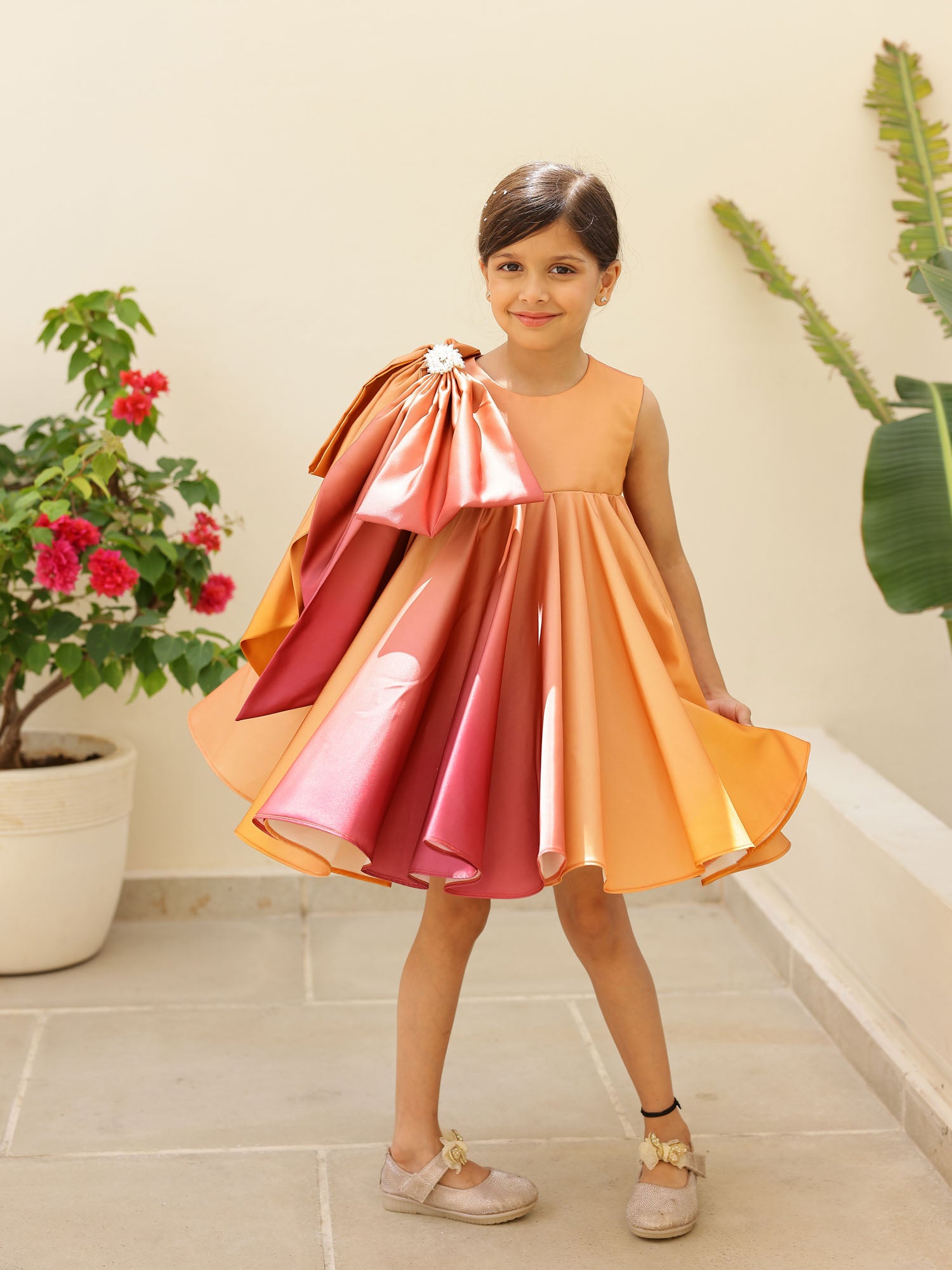 JANYAS CLSOET Ombre Rust Satin Dress with Shoulder Bow