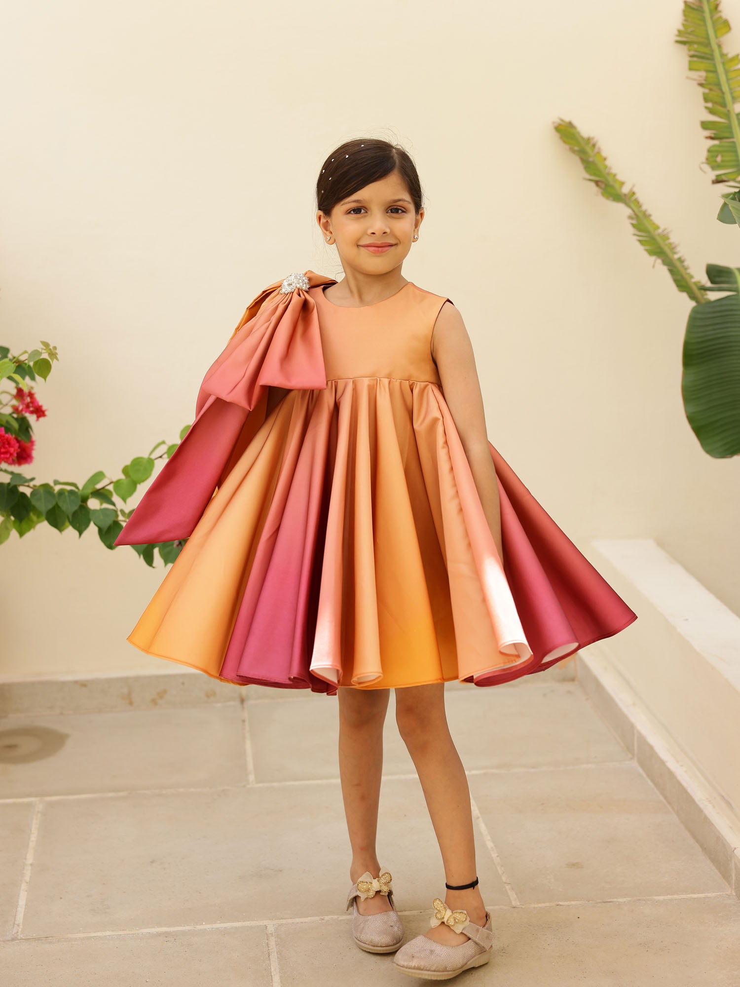 JANYAS CLSOET Ombre Rust Satin Dress with Shoulder Bow
