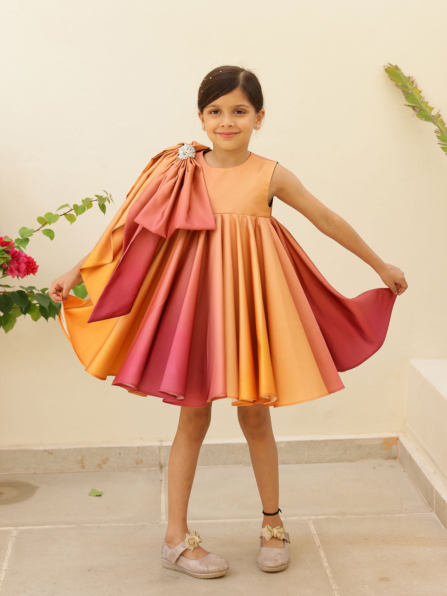 JANYAS CLSOET Ombre Rust Satin Dress with Shoulder Bow