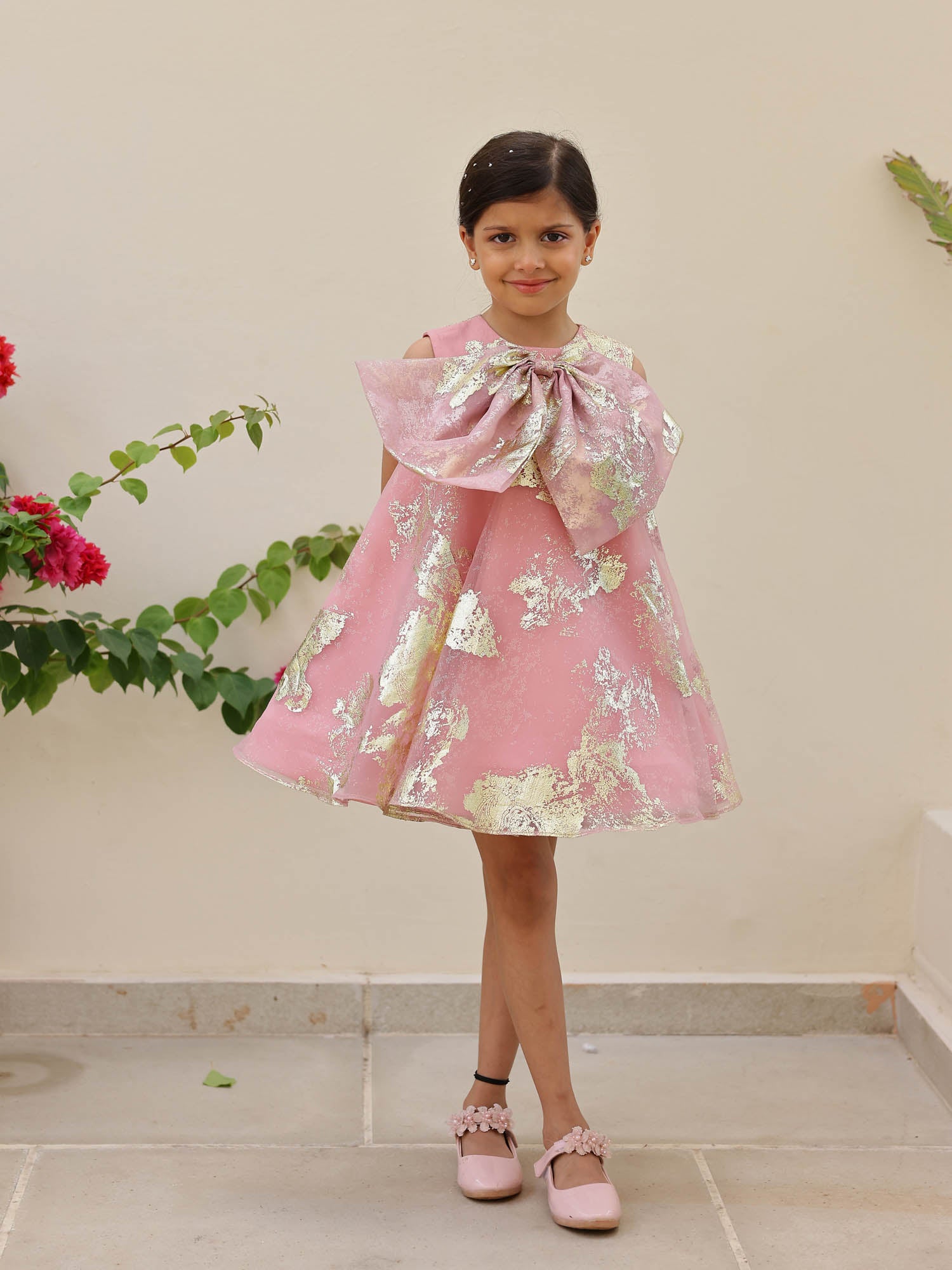 JANYAS CLOSET Pink Foil Printed A-Line Dress with Bow