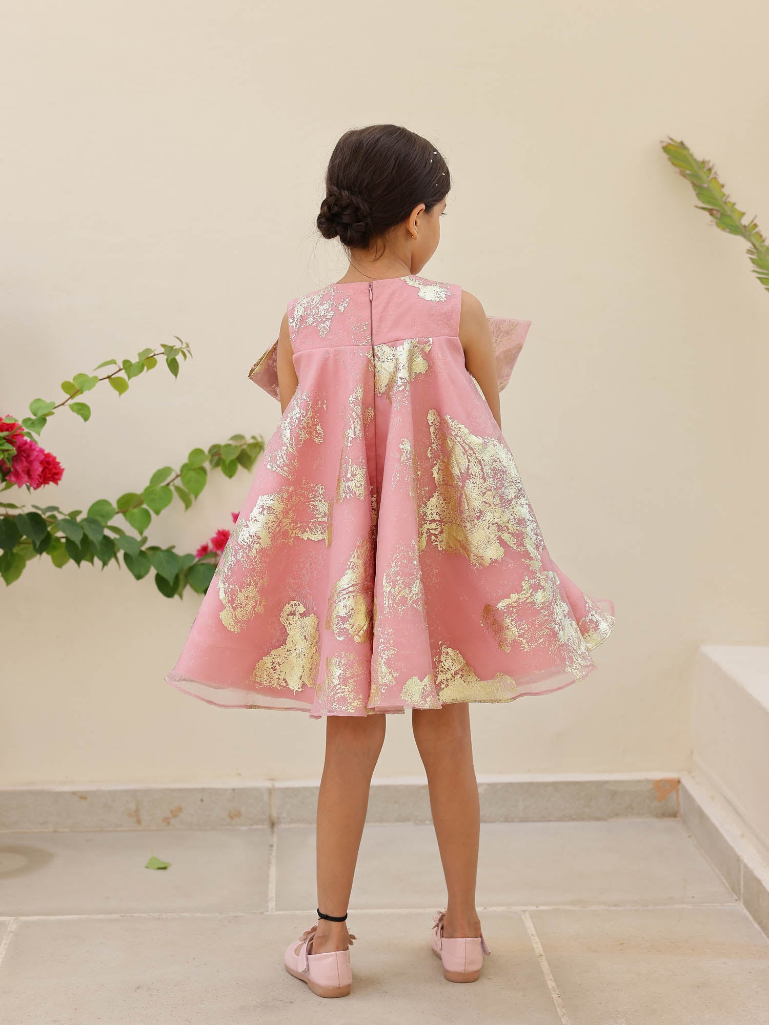 JANYAS CLOSET Pink Foil Printed A-Line Dress with Bow