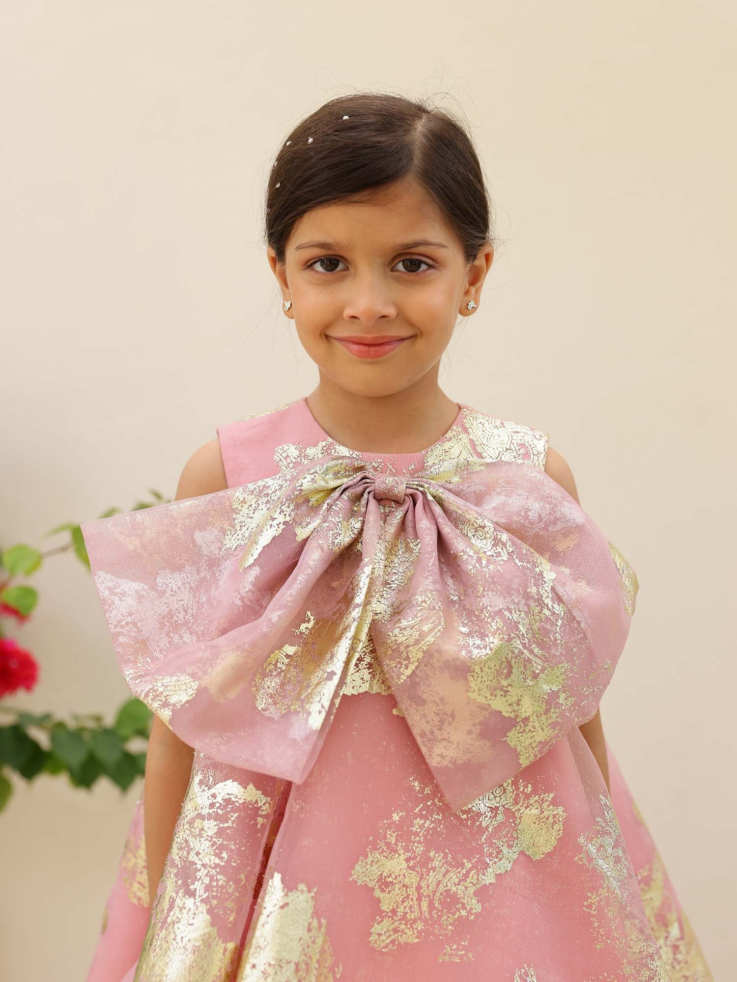 JANYAS CLOSET Pink Foil Printed A-Line Dress with Bow