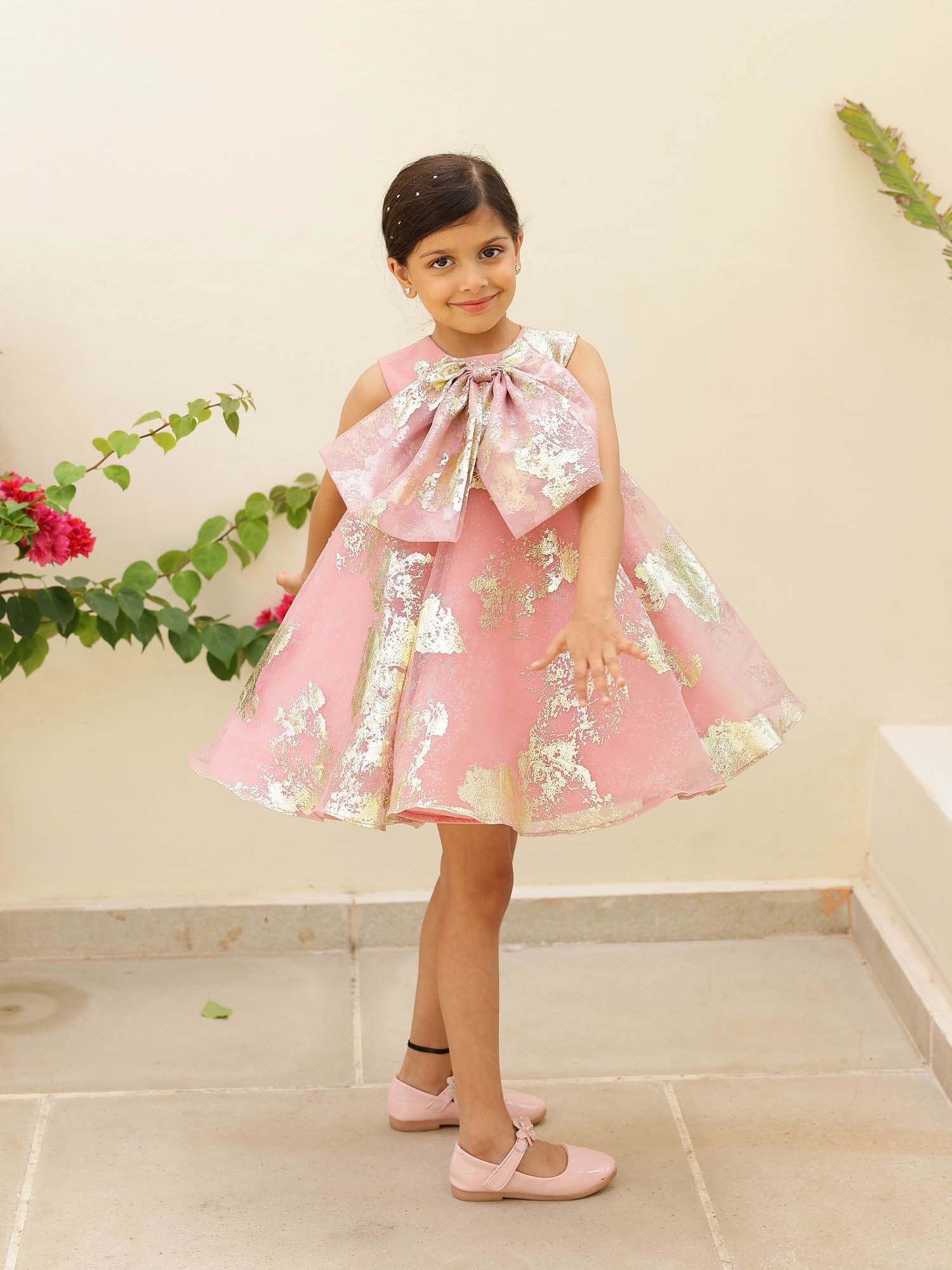 JANYAS CLOSET Pink Foil Printed A-Line Dress with Bow