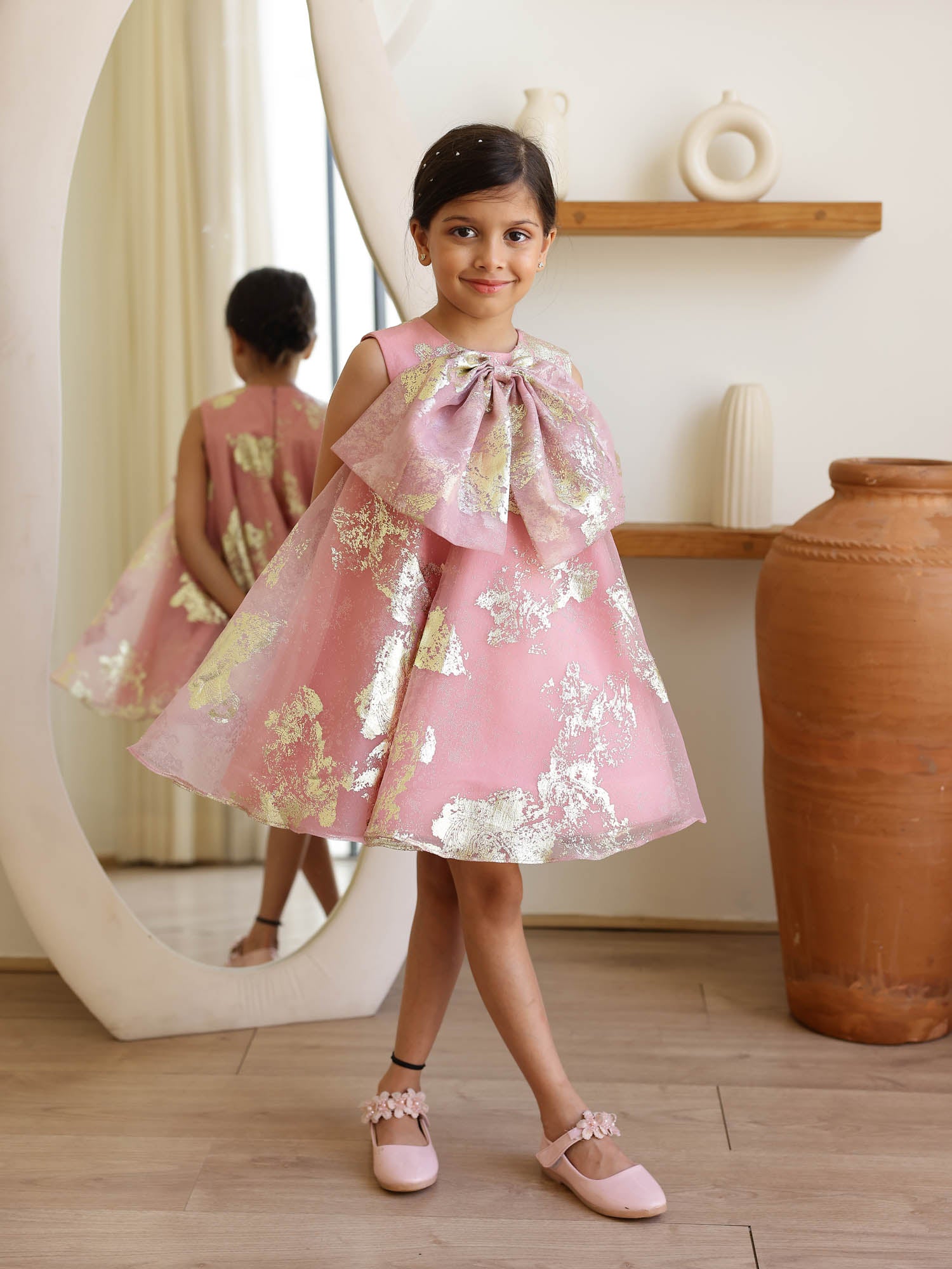JANYAS CLOSET Pink Foil Printed A-Line Dress with Bow