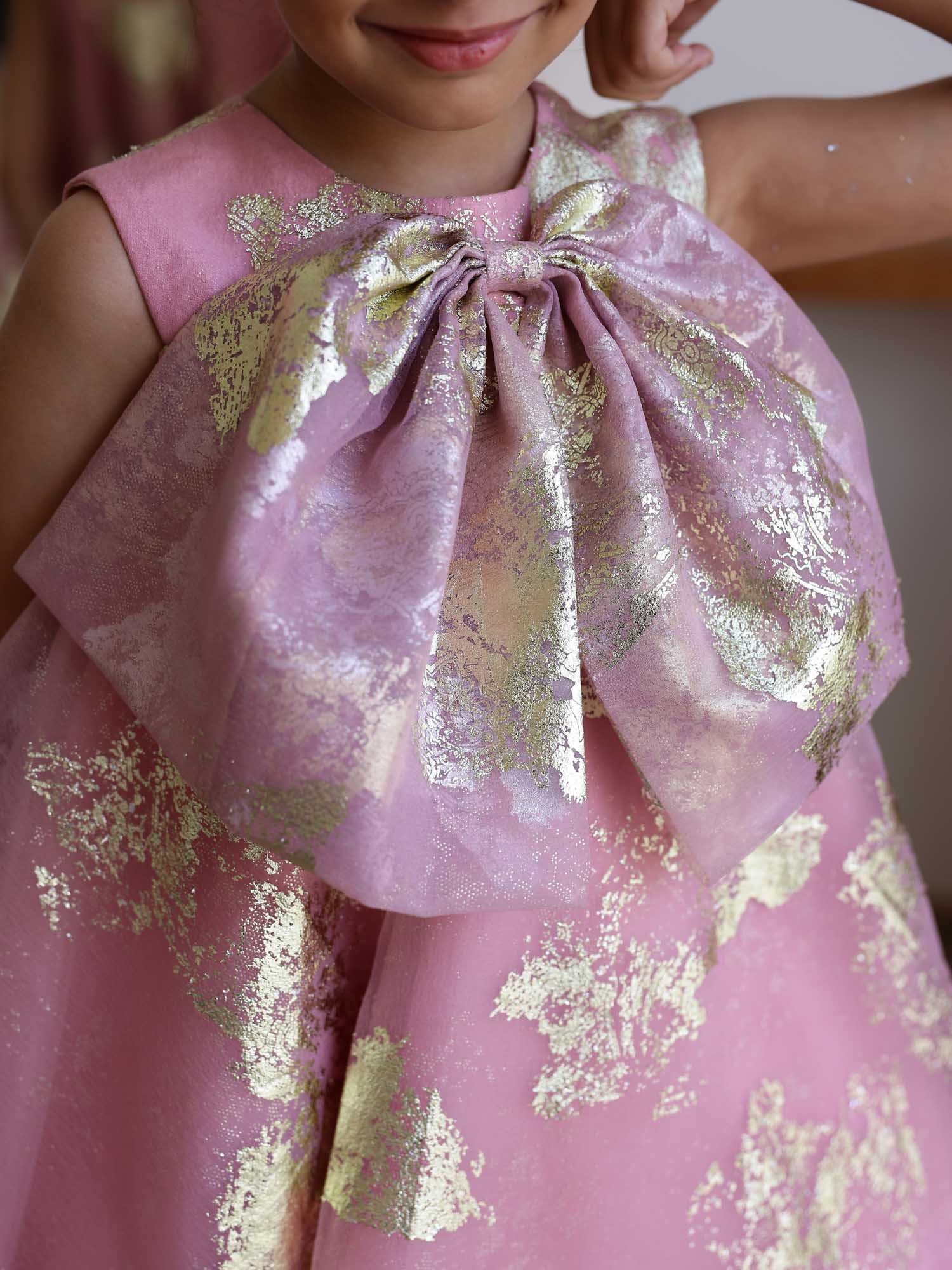 JANYAS CLOSET Pink Foil Printed A-Line Dress with Bow