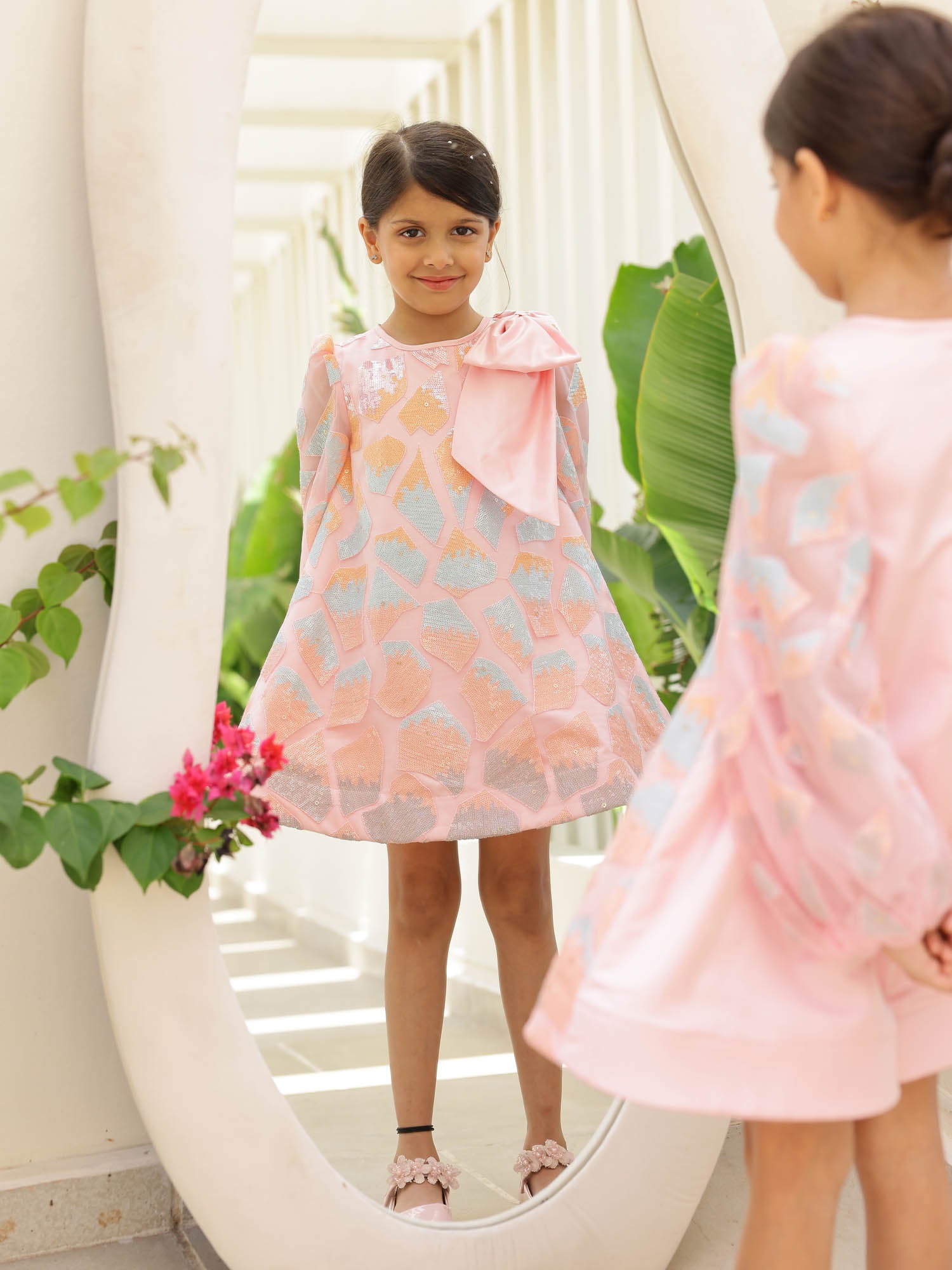 Pink Cupcake A-Line Bow Dress product shot with full abstract sequin blocks