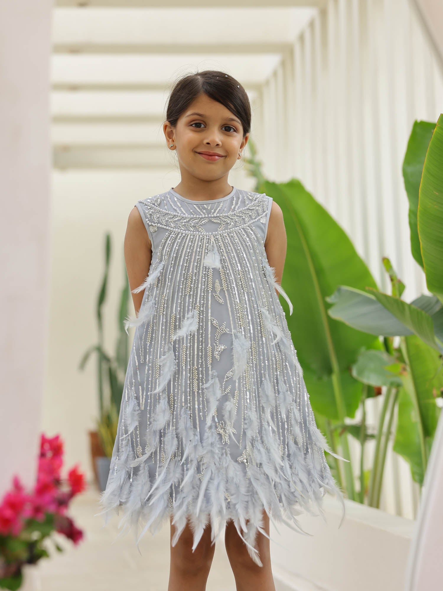 JANYAS CLOSET Couture Grey Feather Party Dress for Girls