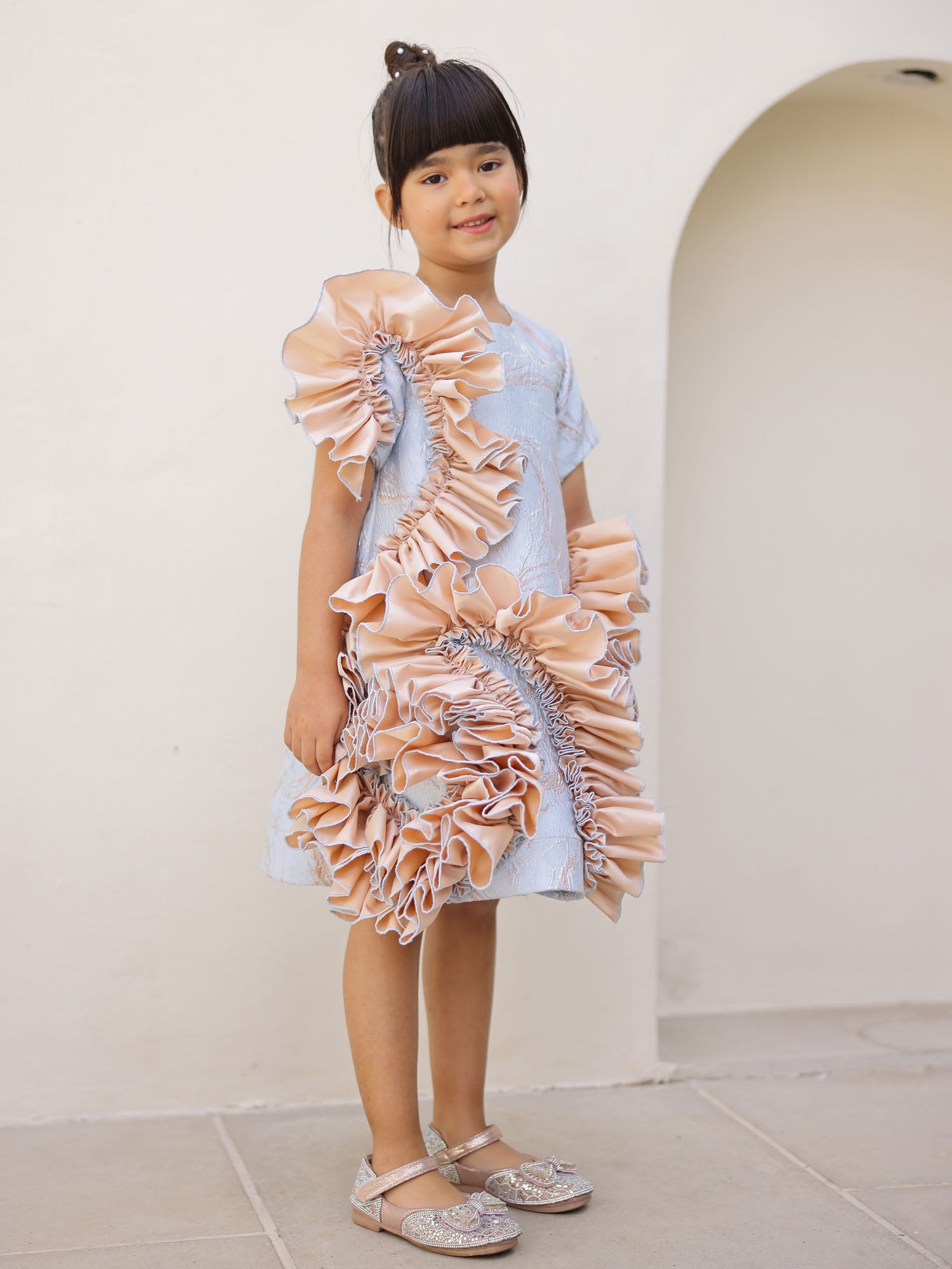 Sample Blue Jacquard Ruffled Dress