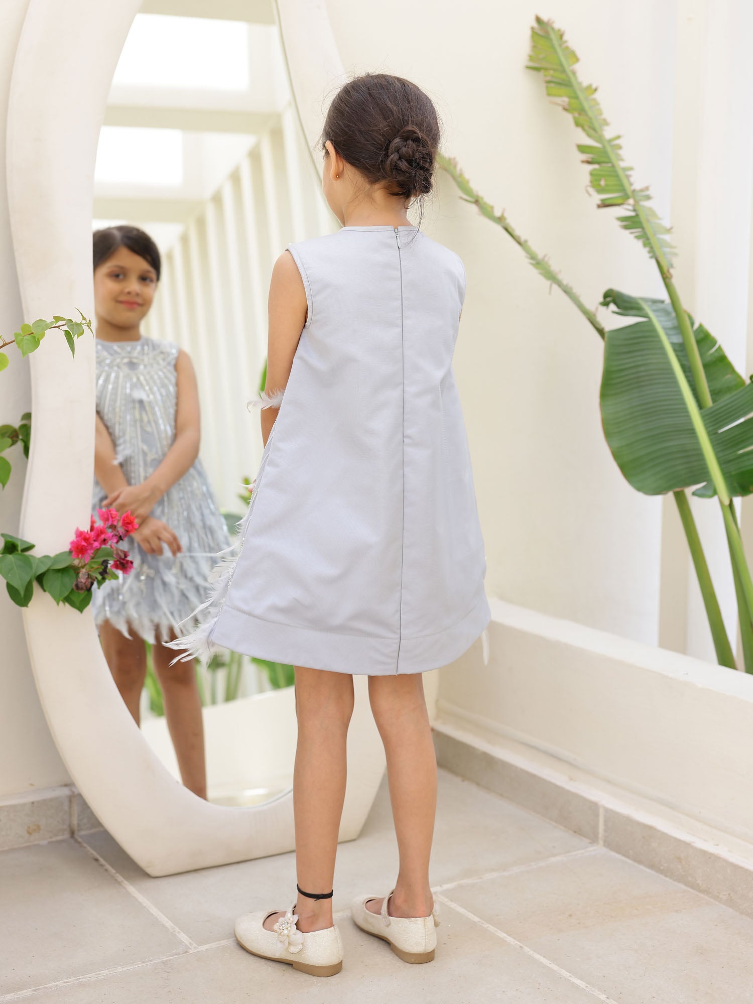 JANYAS CLOSET Couture Grey Feather Party Dress for Girls