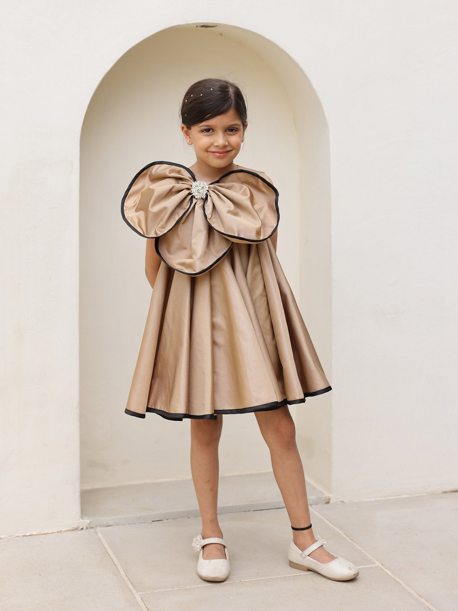 JANYAS CLOSET Luxe Gold Brown Flower Satin Dress
