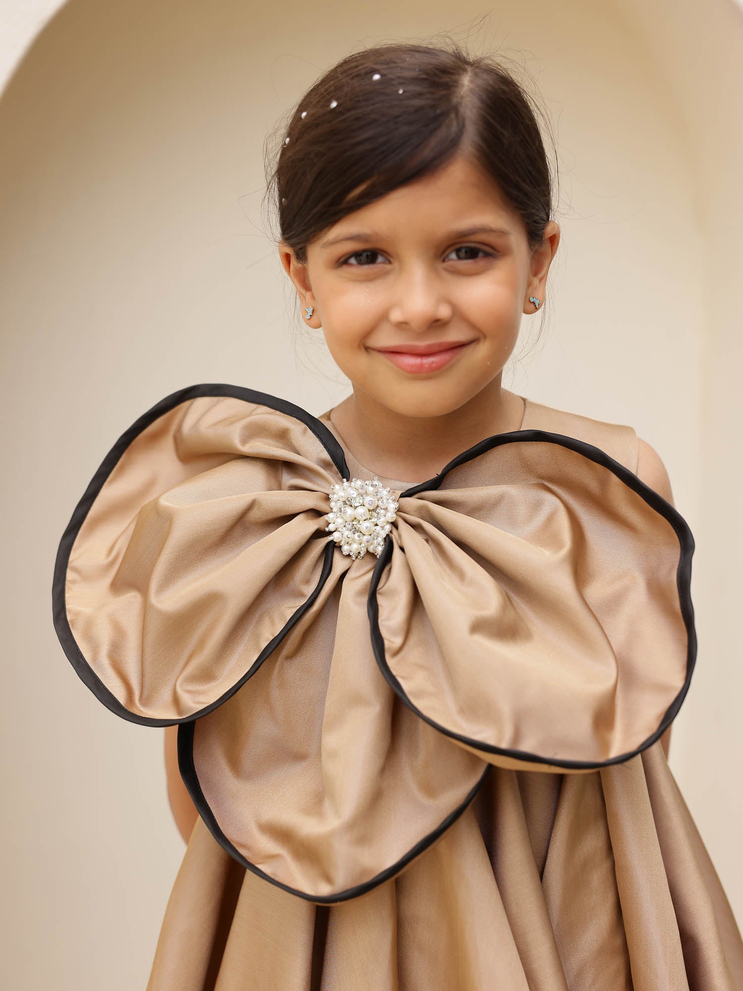 JANYAS CLOSET Luxe Gold Brown Flower Satin Dress