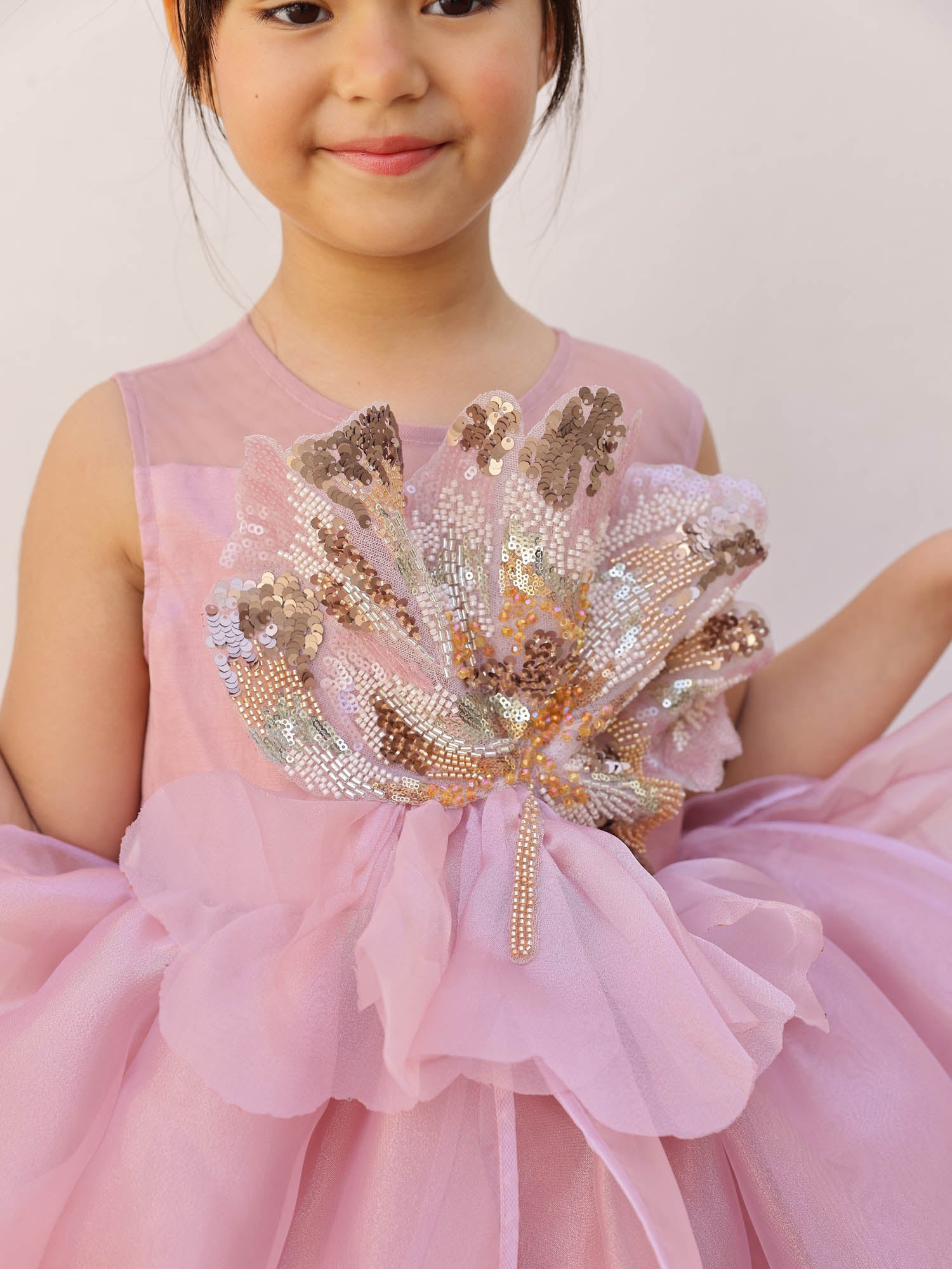 JANYAS CLOSET Amara Pink Petal Sequin Calf length Gown