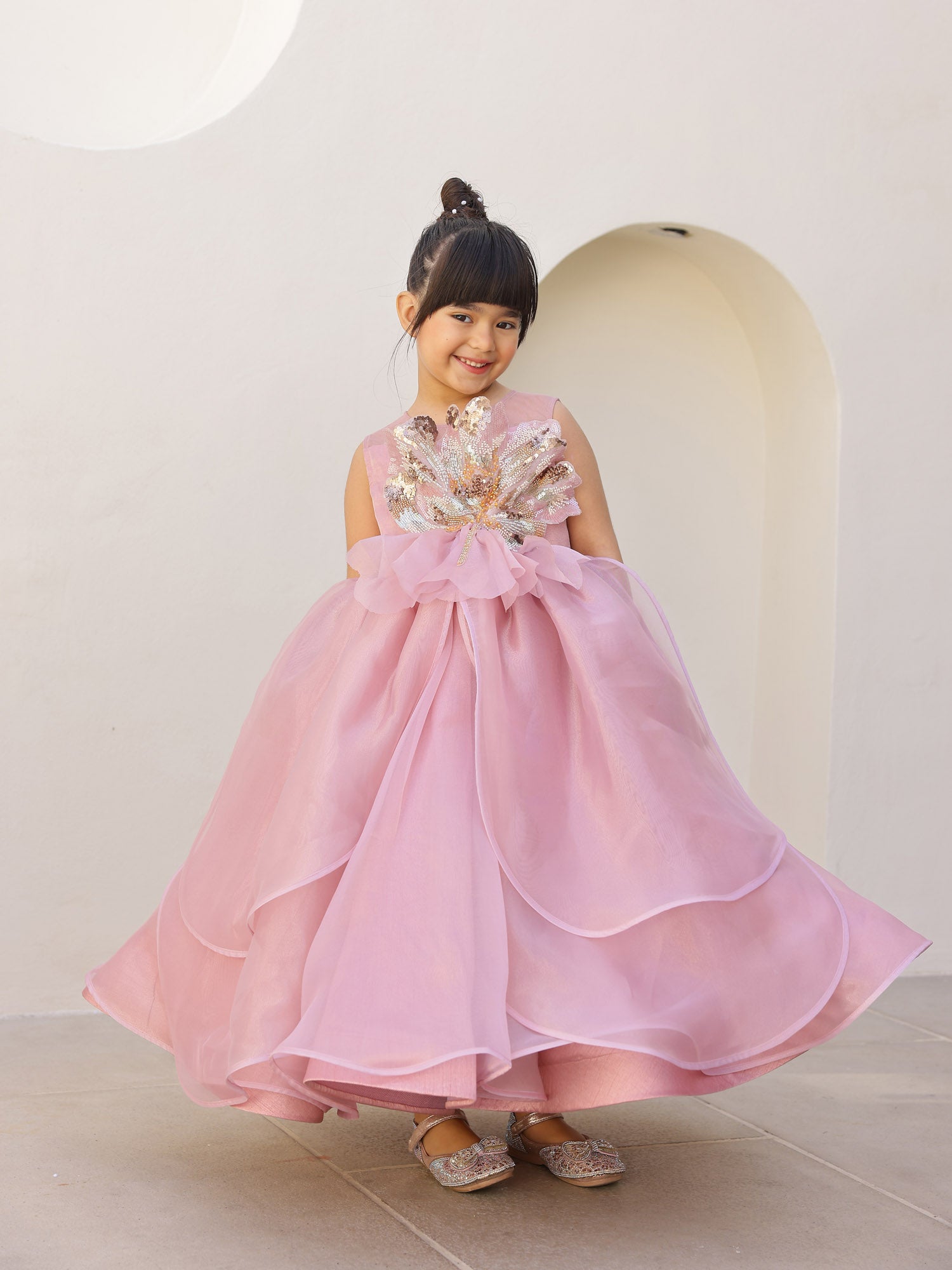 JANYAS CLOSET Amara Pink Petal Sequin Calf length Gown