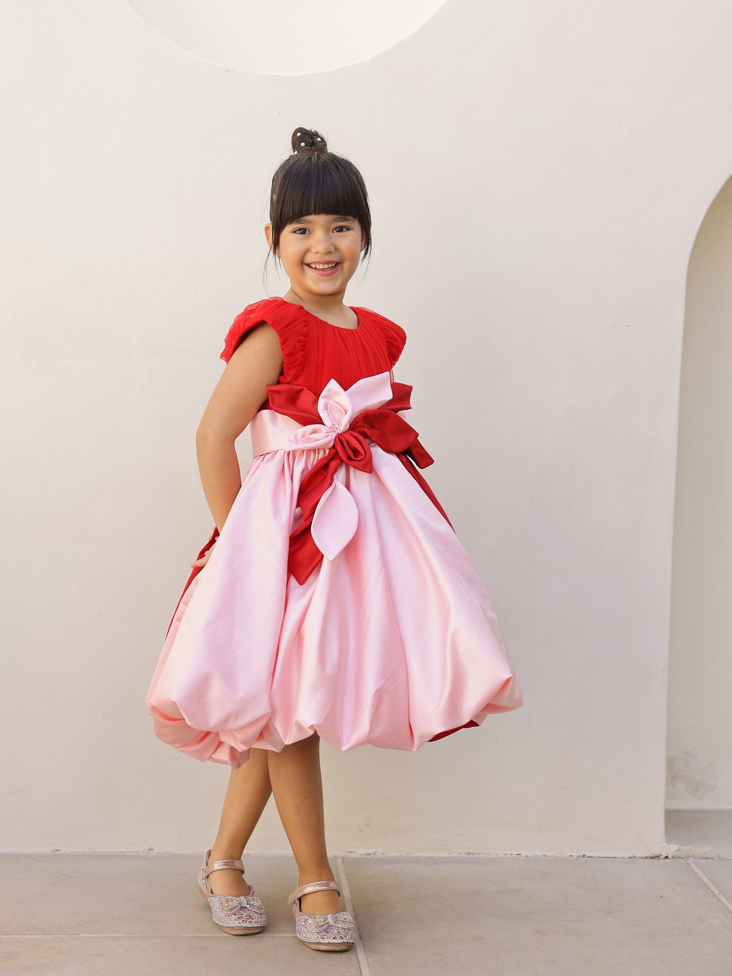 JANYAS CLOSET Pink & Red Sugar Flower Girl Dress