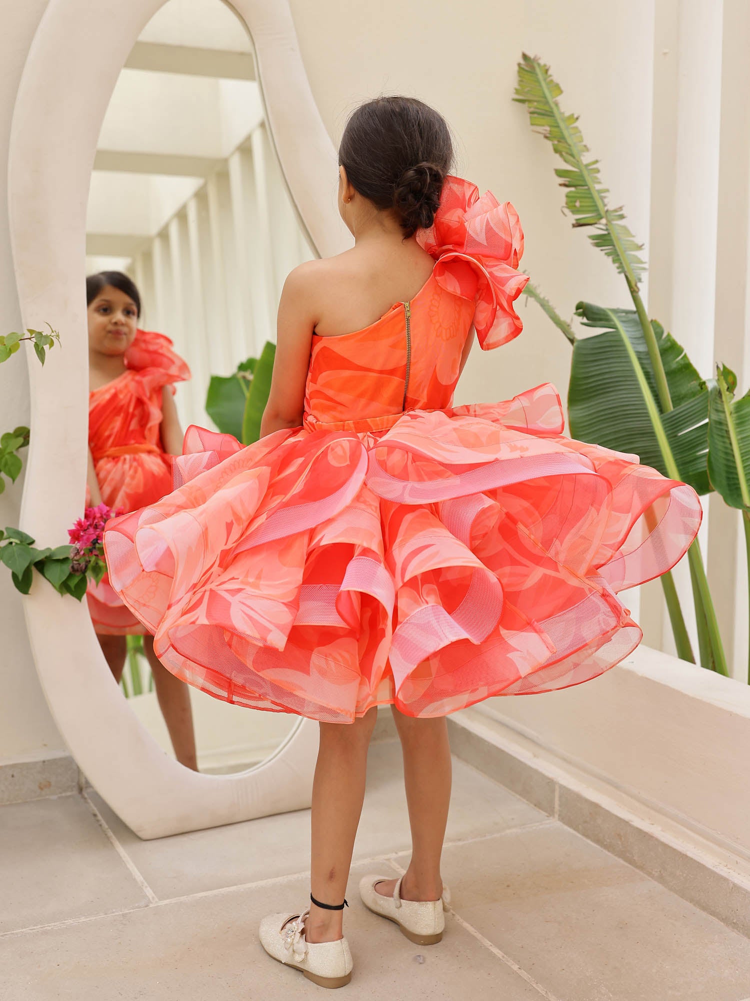 JANYAS CLOSET Orange Printed Convertible Kids Party Dress