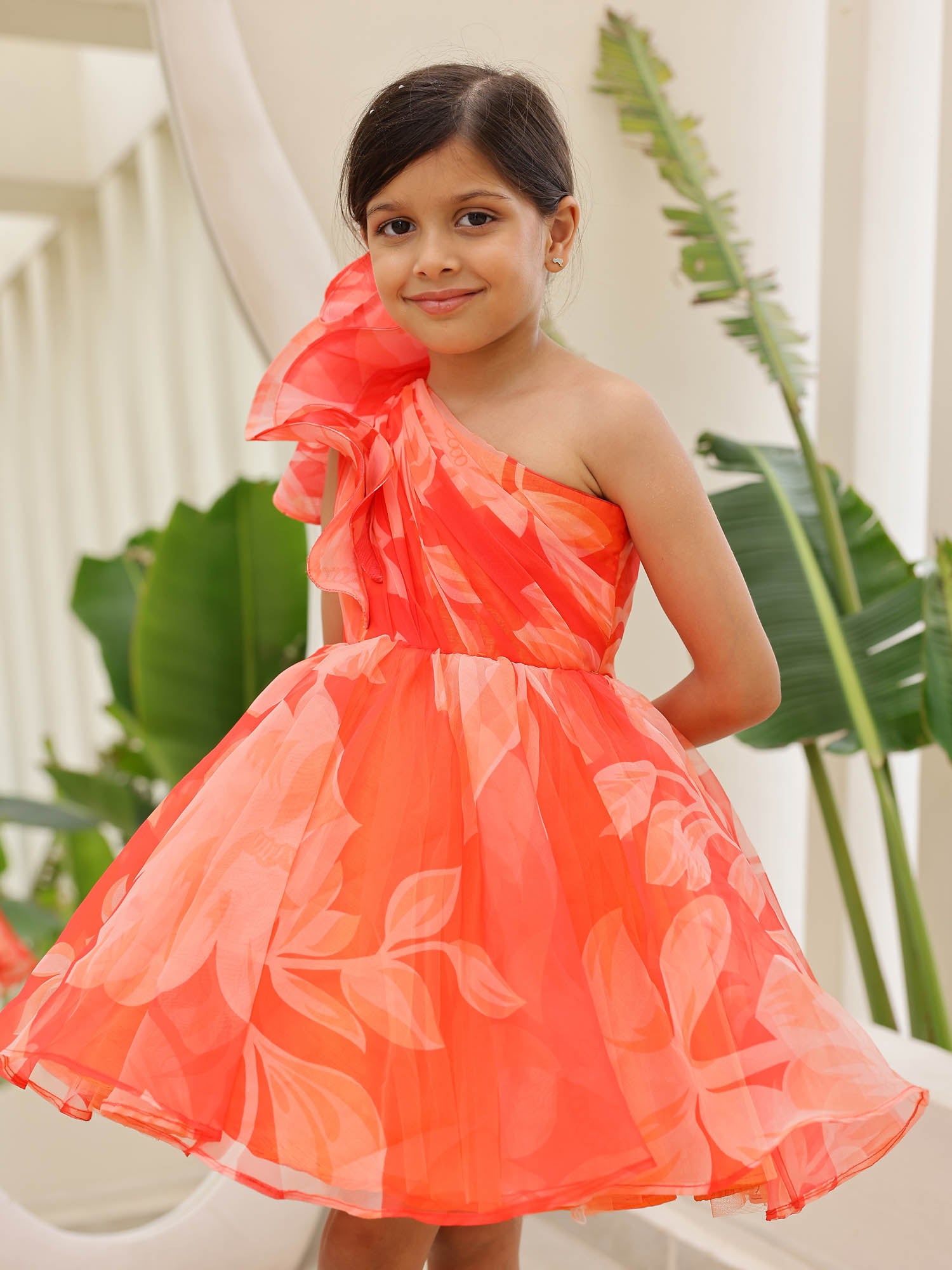 JANYAS CLOSET Orange Aria One Shoulder Kids Party Dress
