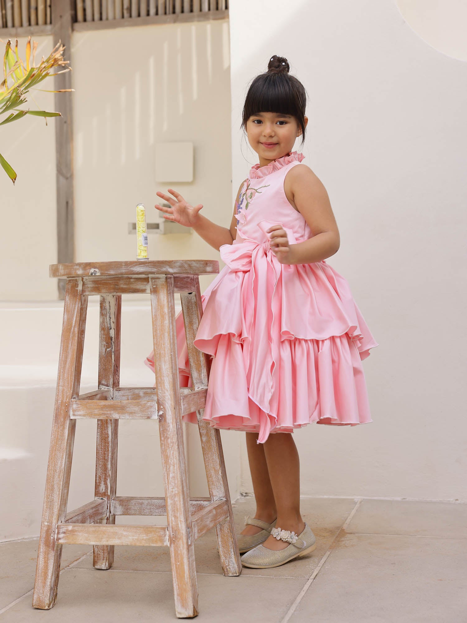 JANYAS CLOSET Blush Pink 3D Flower Satin Ruffle Party Dress