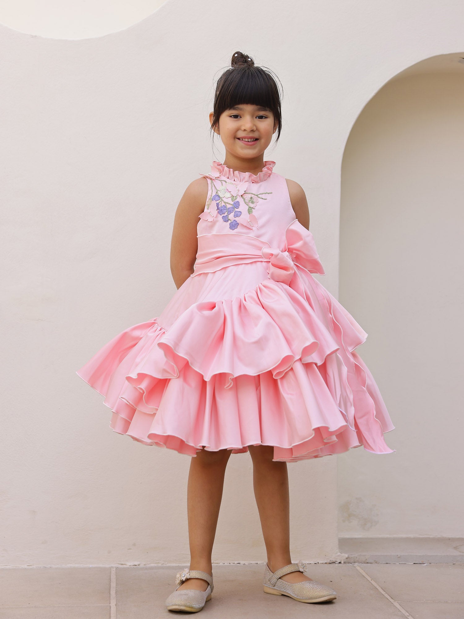 JANYAS CLOSET Blush Pink 3D Flower Satin Ruffle Party Dress