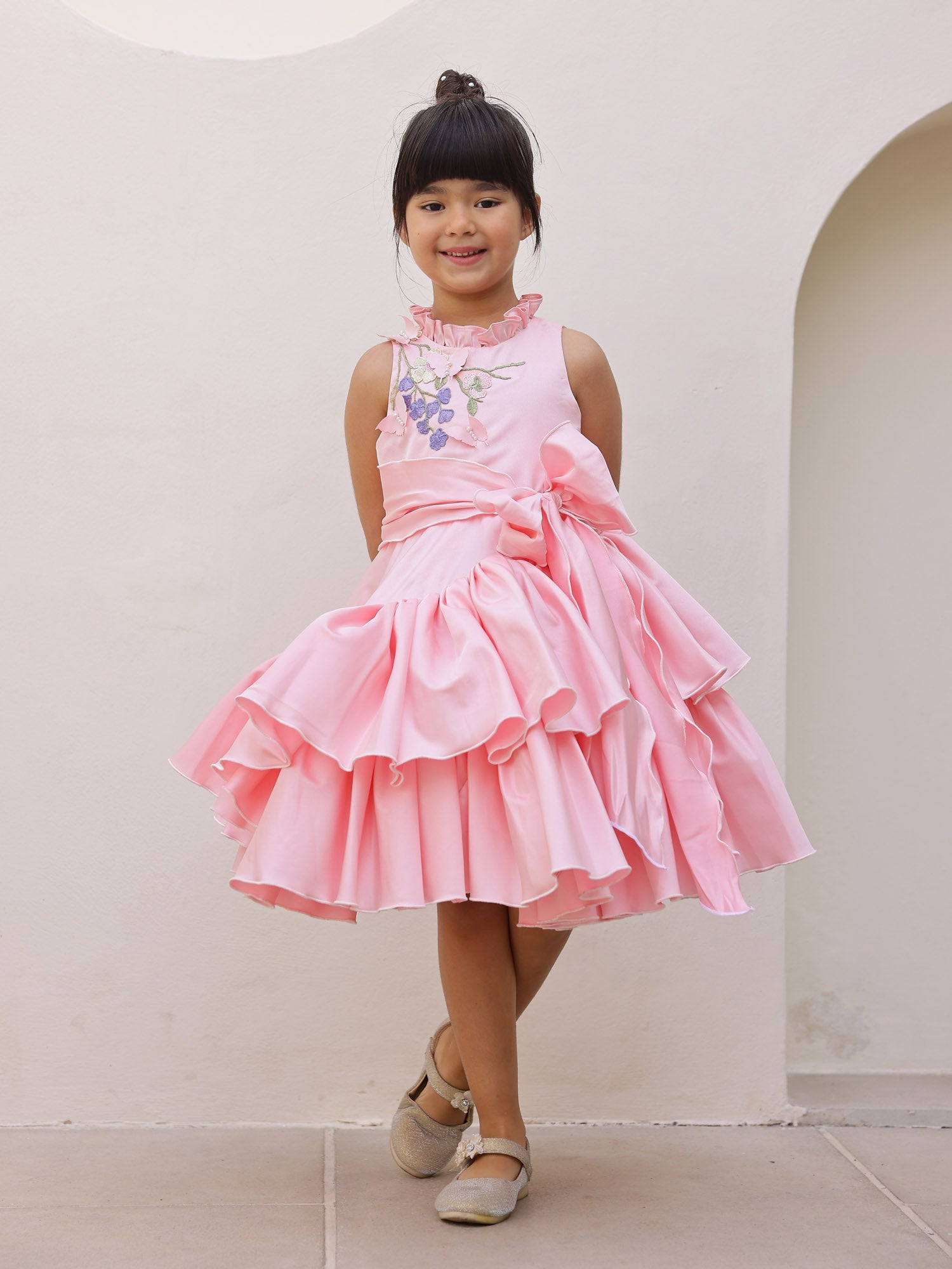 JANYAS CLOSET Blush Pink 3D Flower Satin Ruffle Party Dress