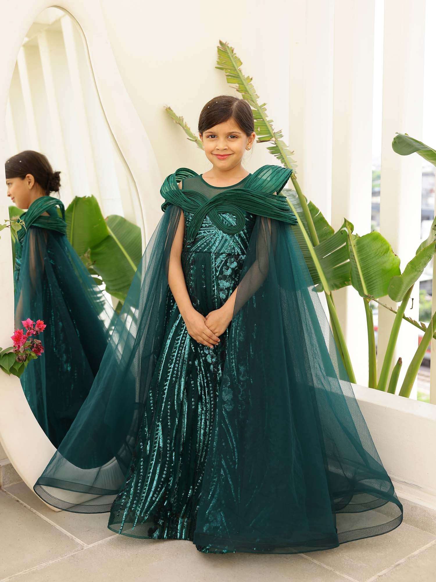 JANYAS CLOSET Mystic Green Sequin Embroidered Gown