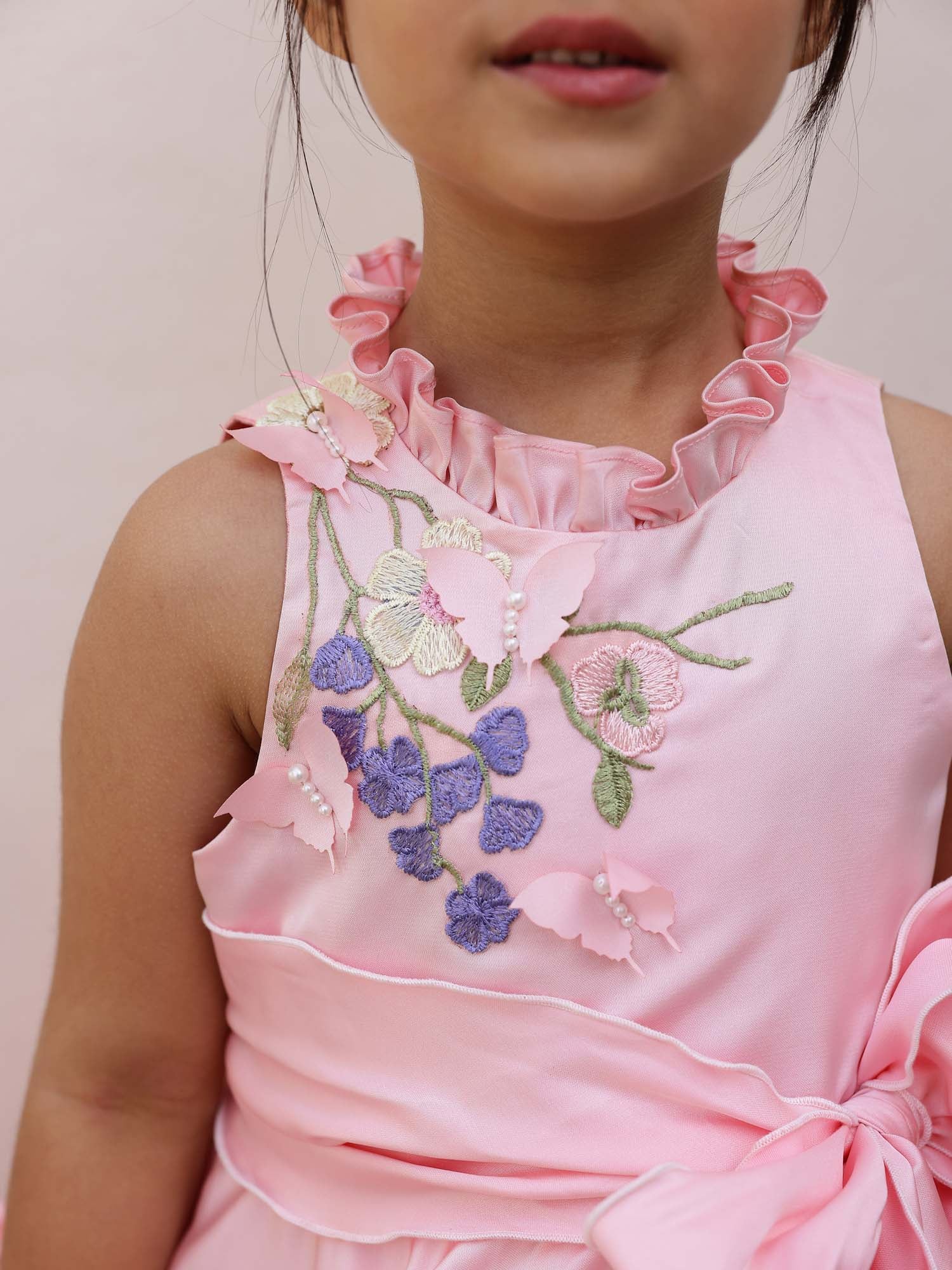 JANYAS CLOSET Blush Pink 3D Flower Satin Ruffle Party Dress