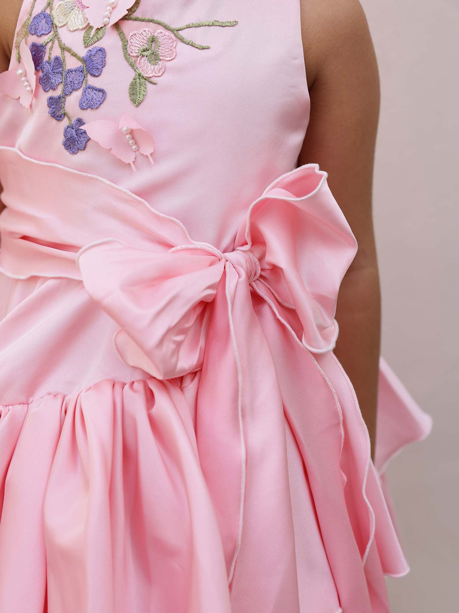 JANYAS CLOSET Blush Pink 3D Flower Satin Ruffle Party Dress