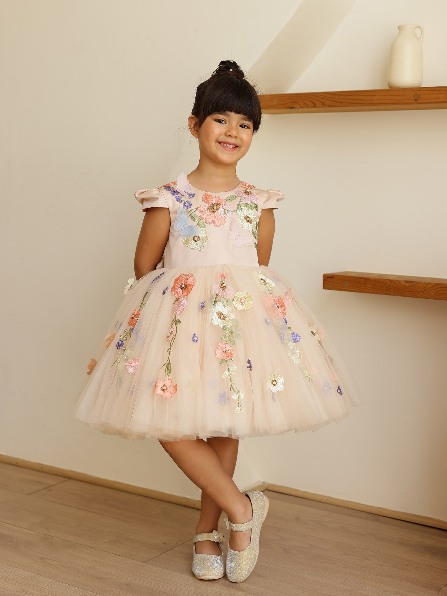 JANYAS CLSOET Peach Symphony Tulle Dress with 3D flowers