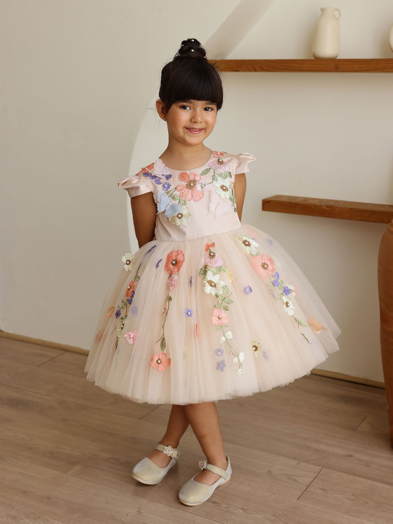 JANYAS CLSOET Peach Symphony Tulle Dress with 3D flowers