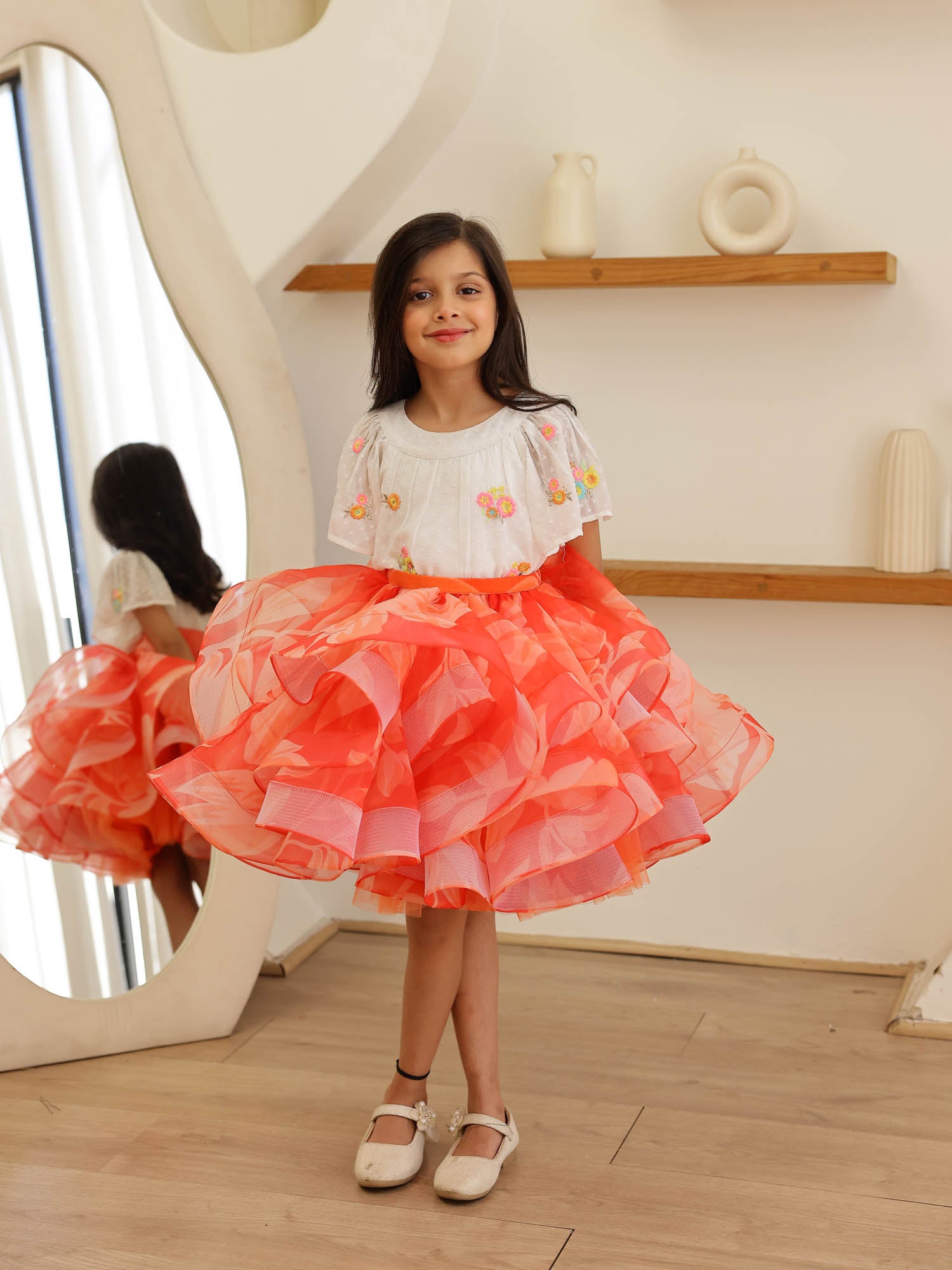 JANYAS CLOSET Orange Printed Convertible Kids Party Dress