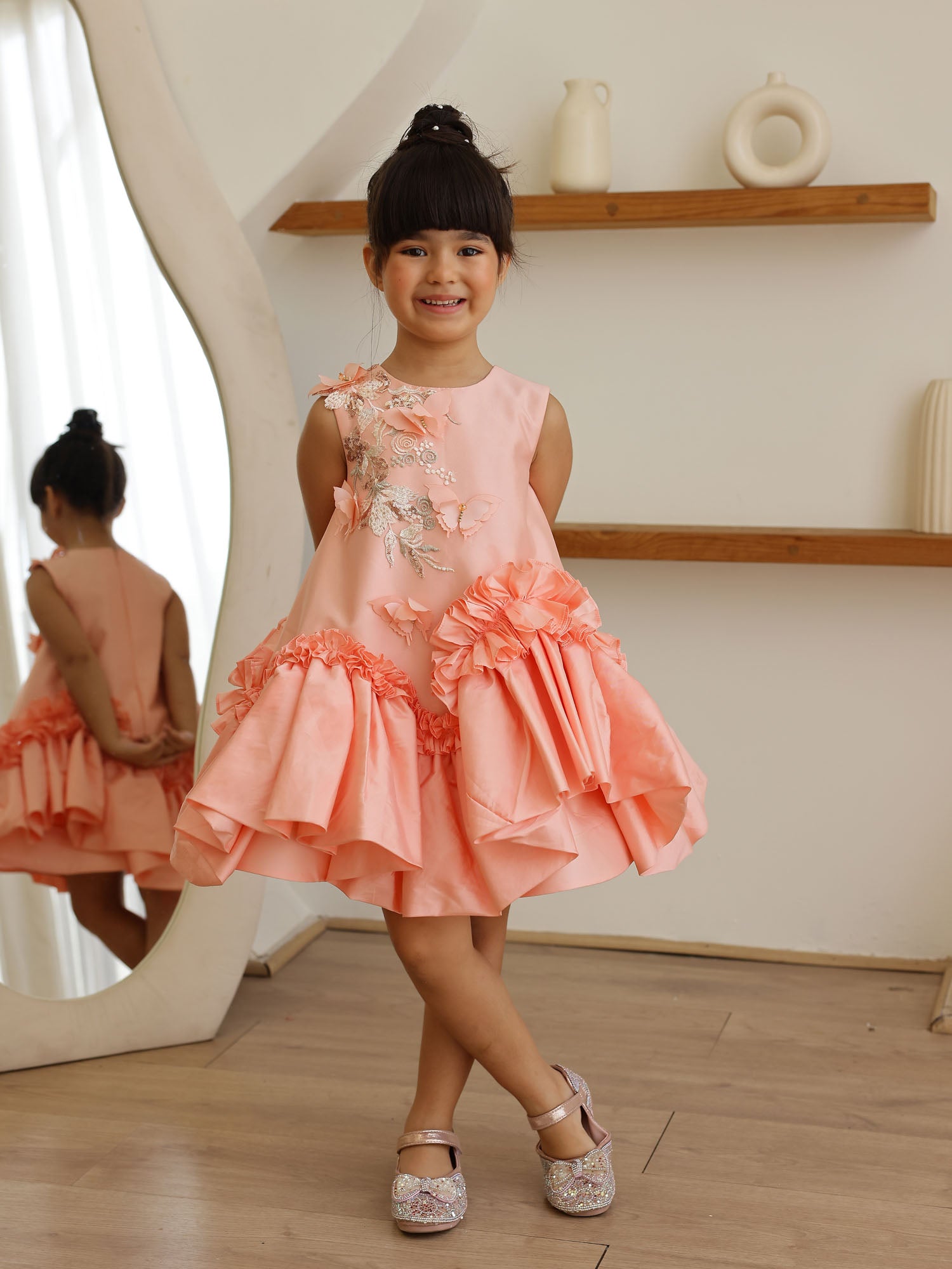 JANYAS CLOSET Butterfly Charm Peach Taffeta Dress
