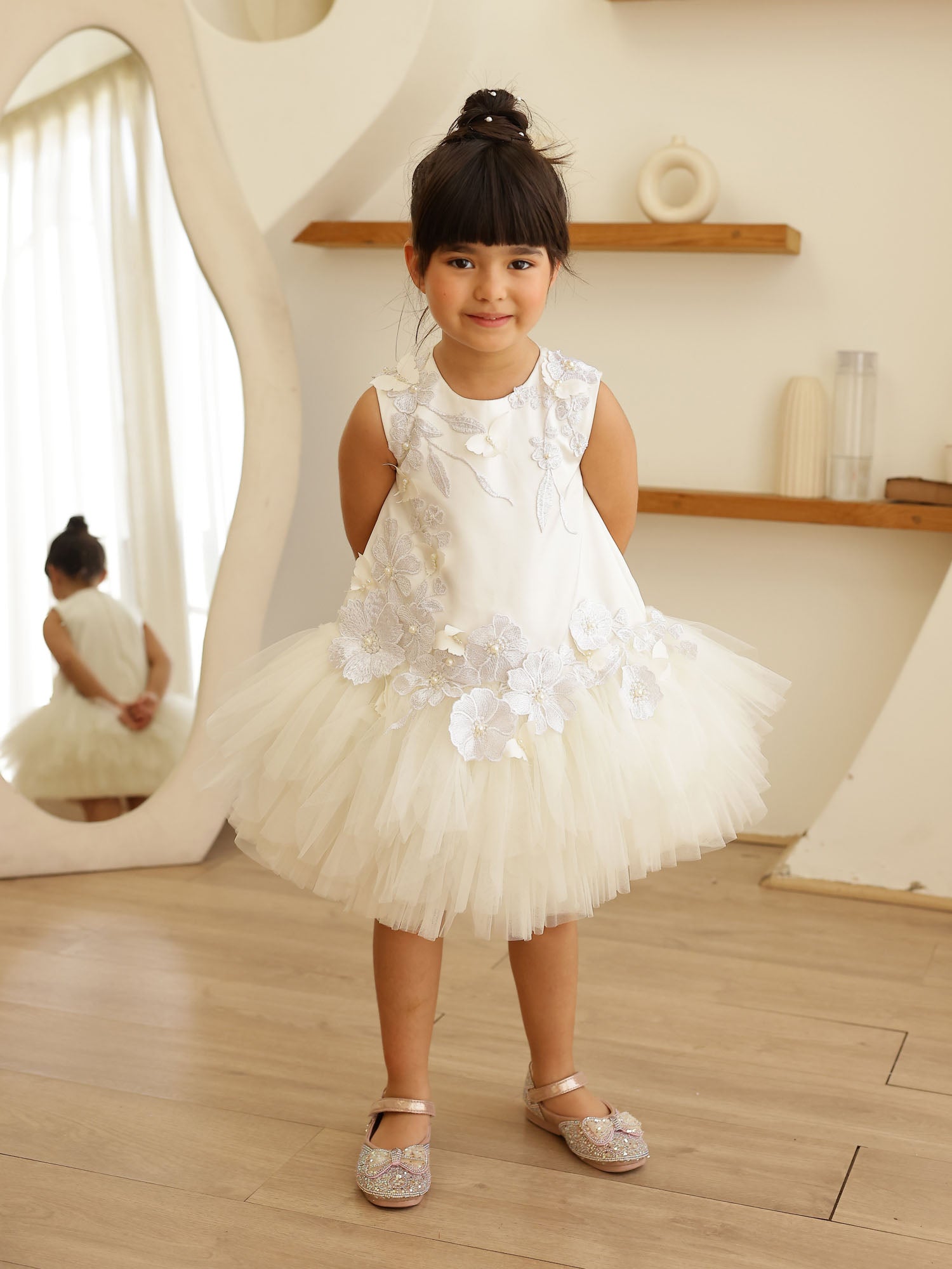 JANYAS CLOSET Allie White Blossom Dress with 3D Flowers