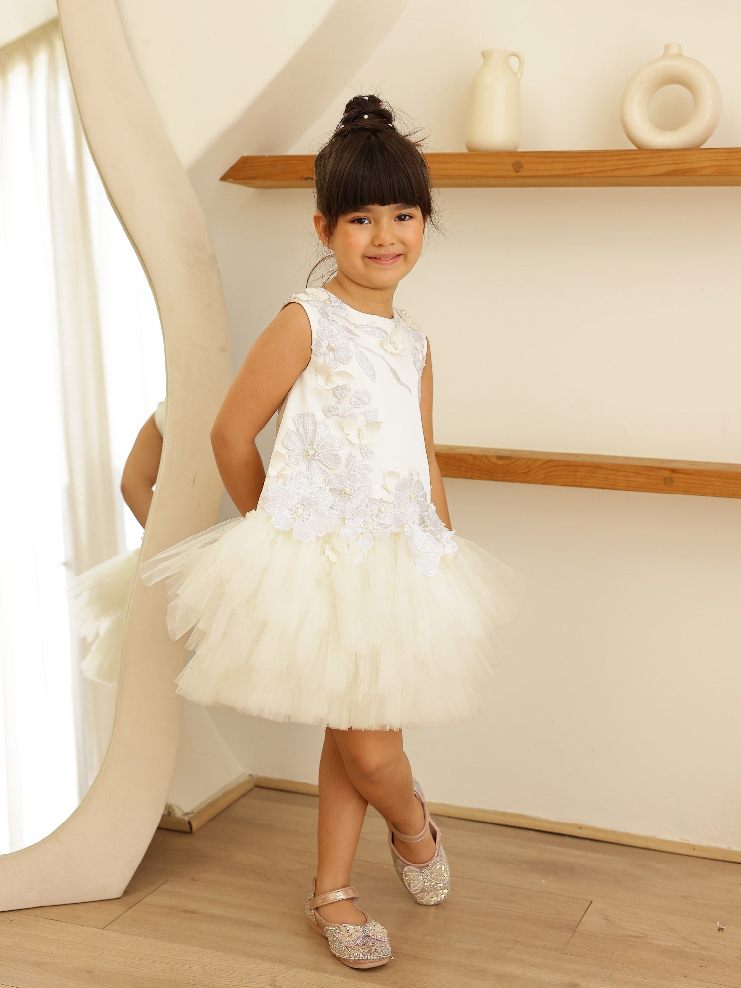 JANYAS CLOSET Allie White Blossom Dress with 3D Flowers