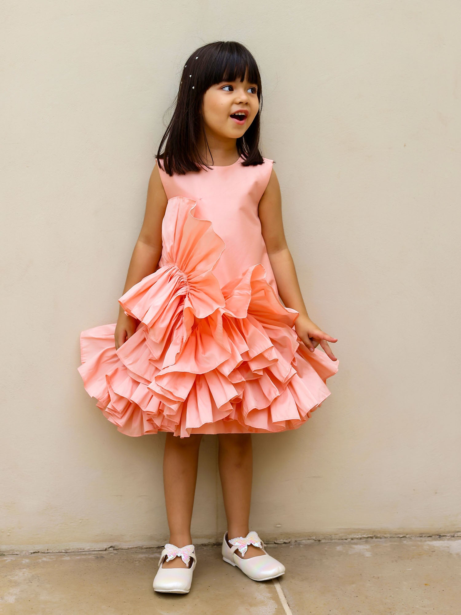 JANYAS CLOSET PEACH RUFFLED TAFETTA DREAM DRESS