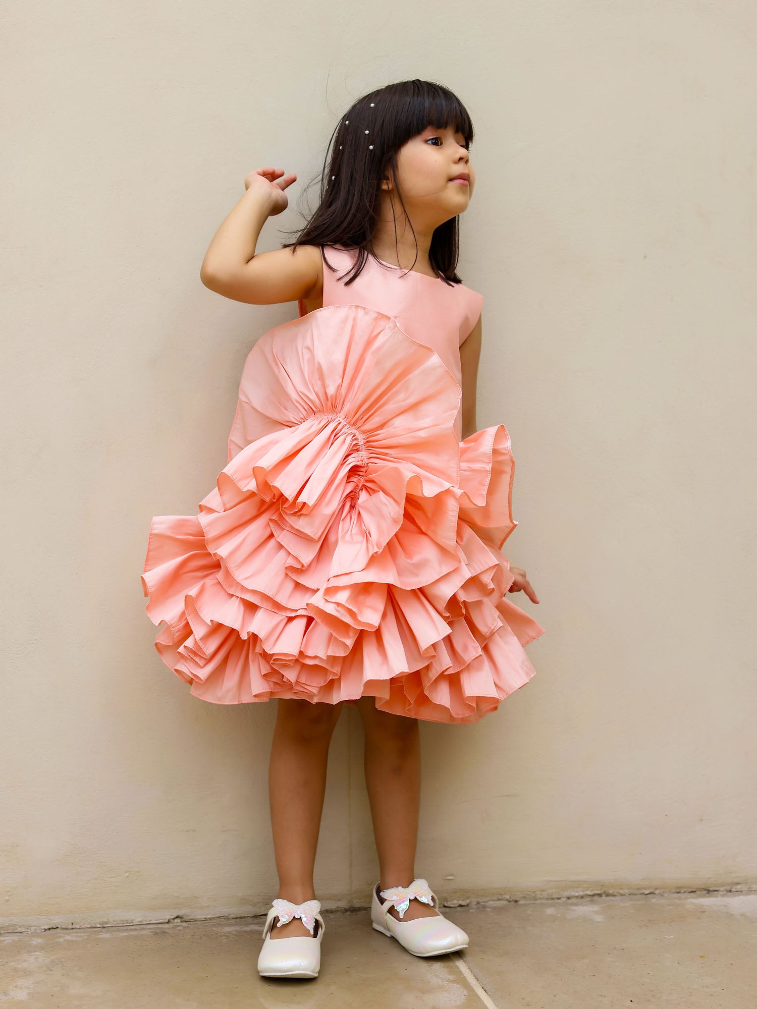 JANYAS CLOSET PEACH RUFFLED TAFETTA DREAM DRESS