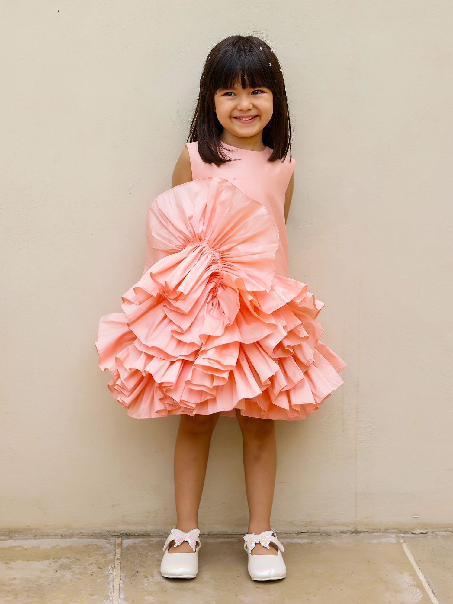 JANYAS CLOSET PEACH RUFFLED TAFETTA DREAM DRESS