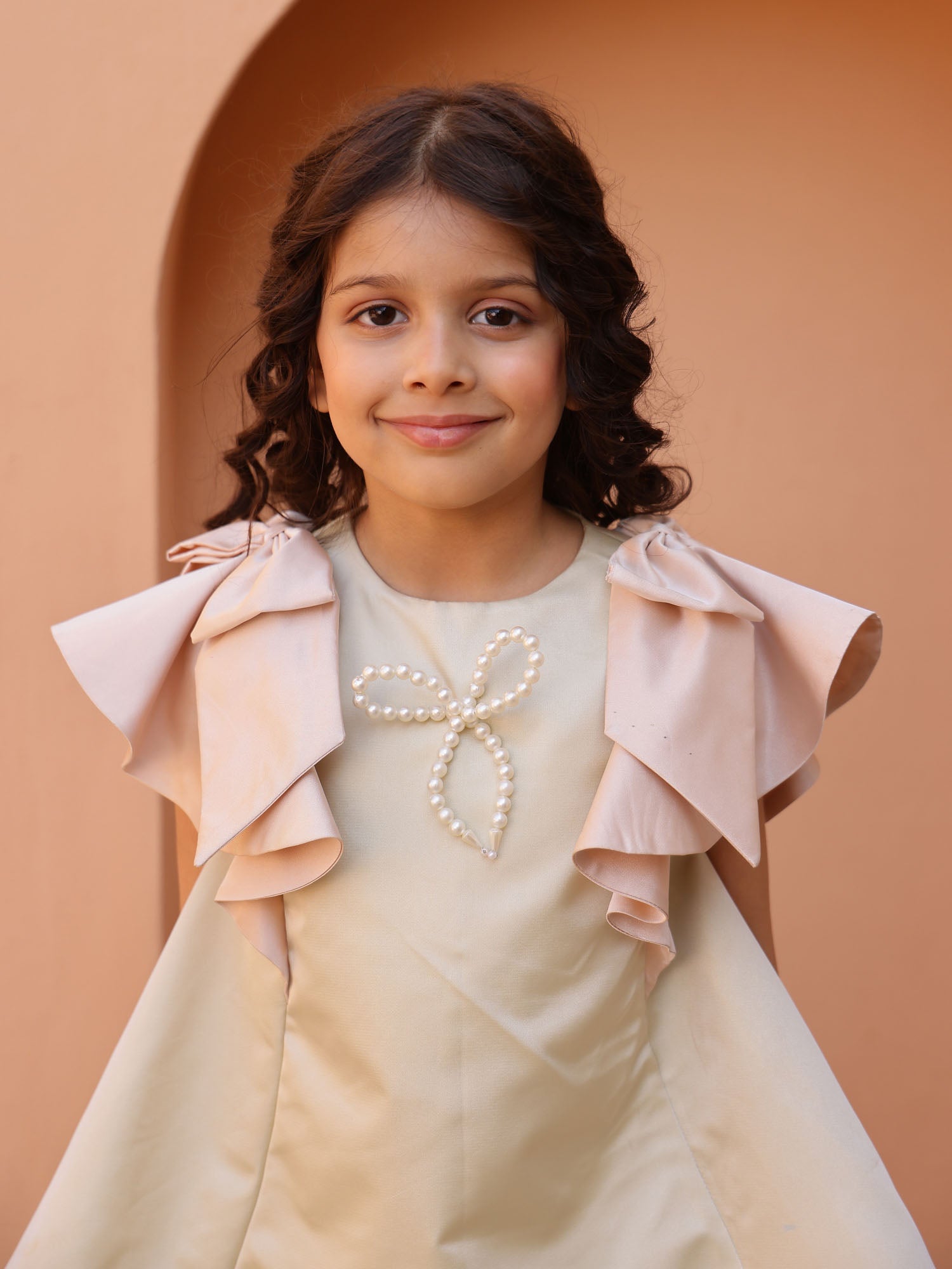 Janyas Closet : Moon Mist Satin Silk A-Line Dress with Infinity Bow